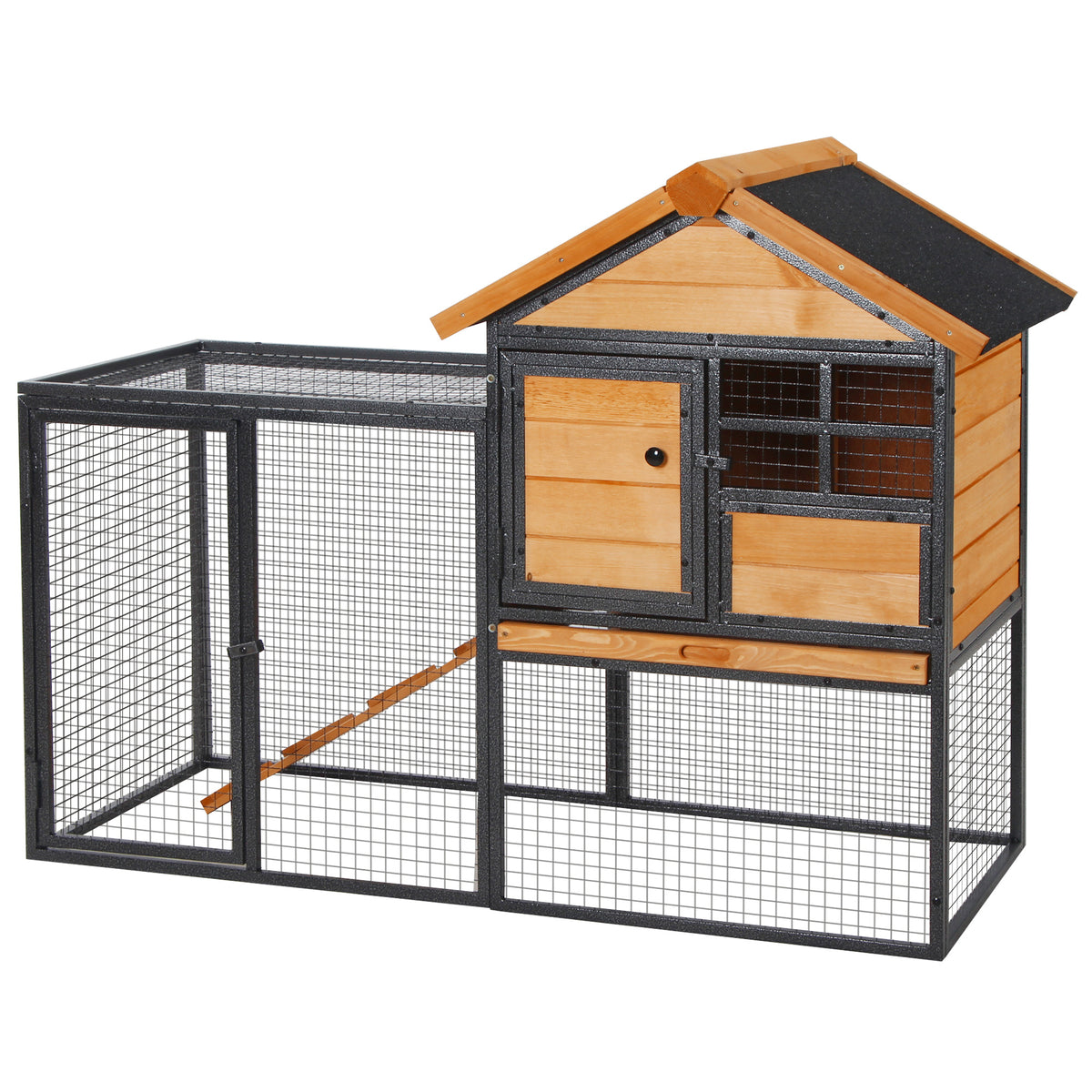 Outdoor Rabbit Cage Elevated Pet House w/ Slide-Out Tray, Natural Wood & Black