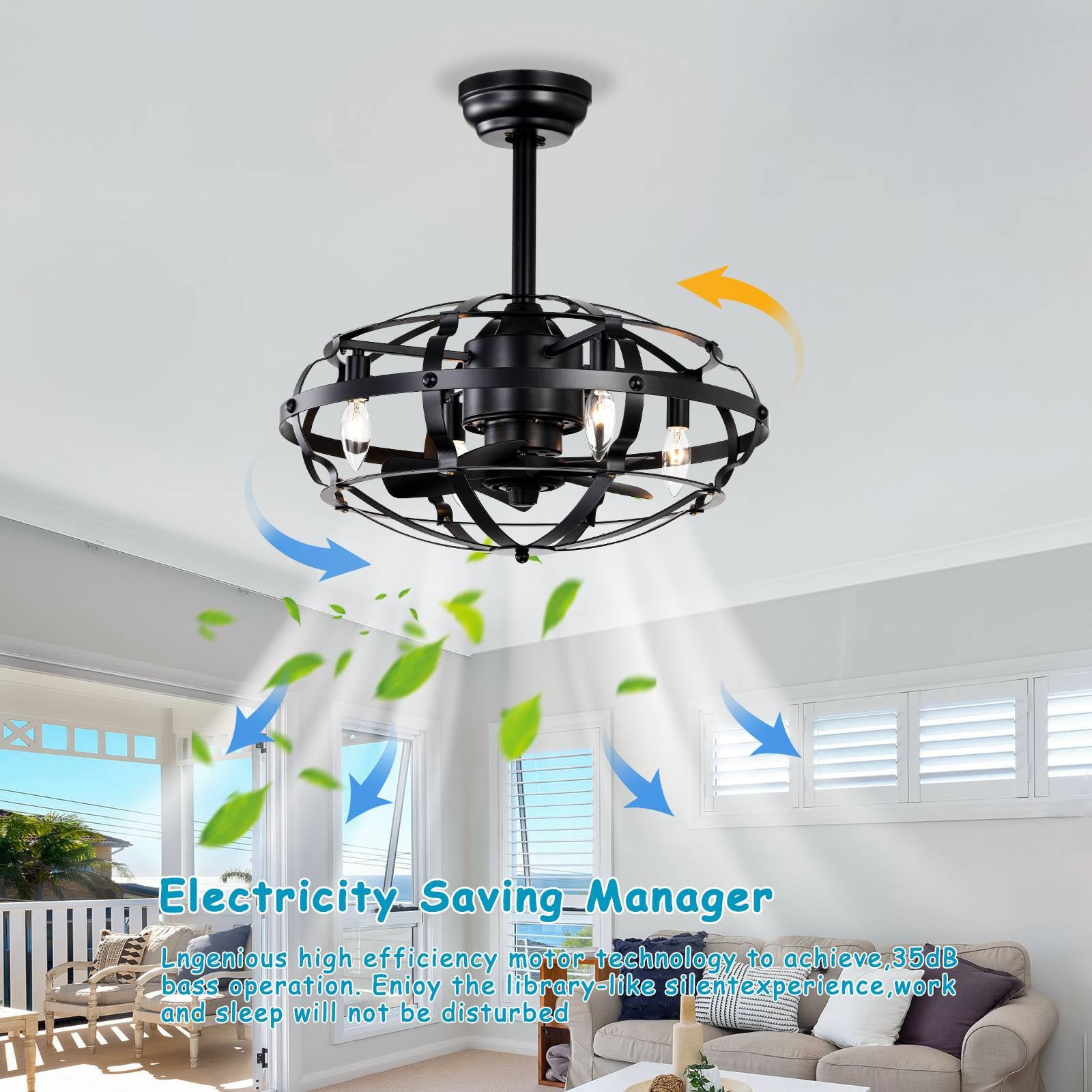 Industrial Bladeless Ceiling Fan with Lights, 18" Caged Design, Reversible Motor, Remote Control, Downrod Mount, E12 Standard Base, Matte Black