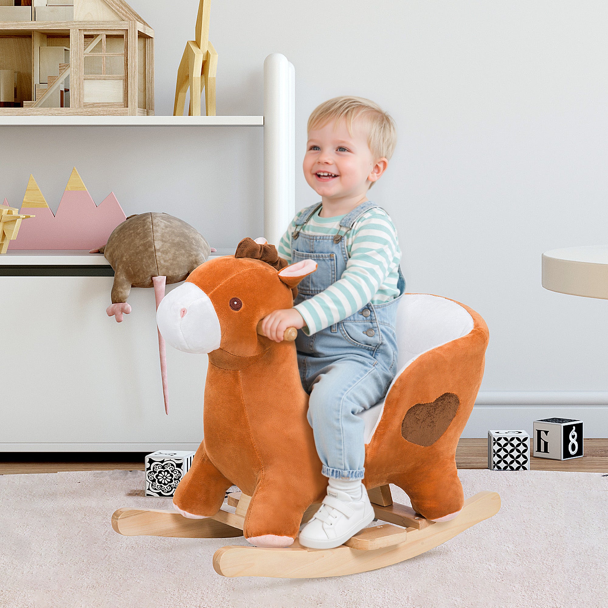 Kids Ride On Rocking Horse, Plush Animal Toy Sturdy Wooden Rocker with Songs for Boys or Girls