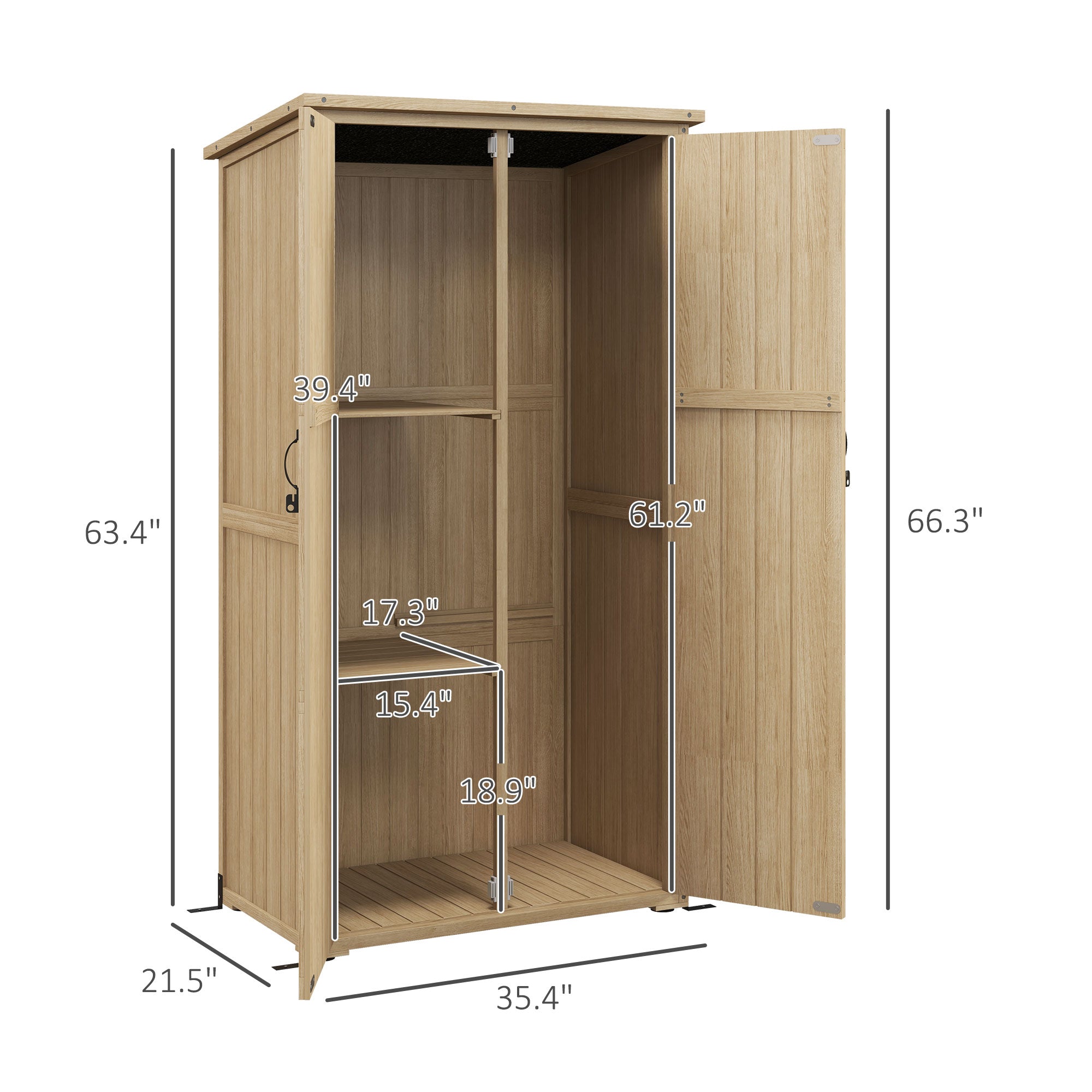 Wooden Outdoor Storage Cabinet Garden Shed with Waterproof Asphalt Roof and Lockable Doors, Natural
