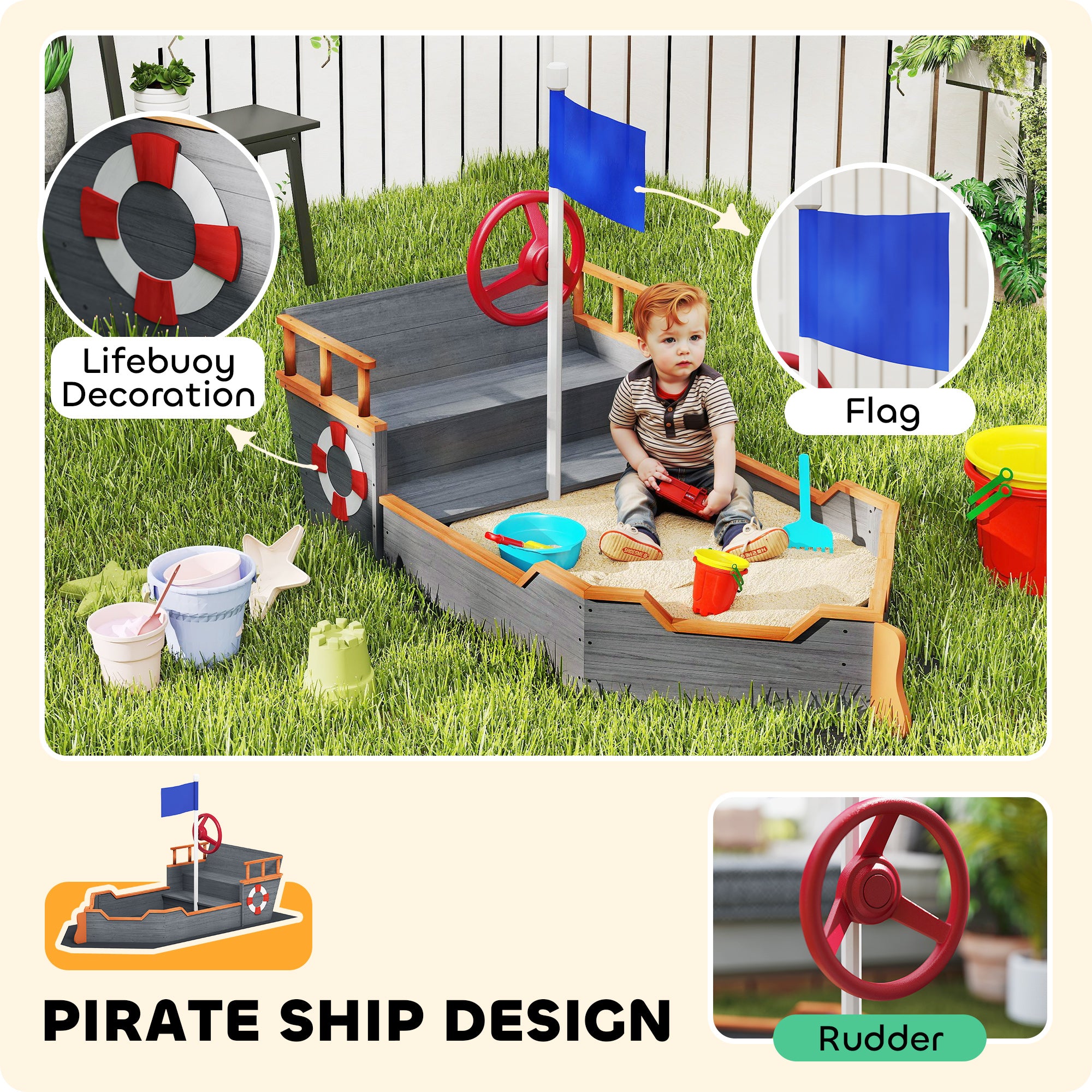 Kids Wooden Sandbox Pirate Ship Sandboat w/ Bench Seat Storage Space Ceder Wood, Gray