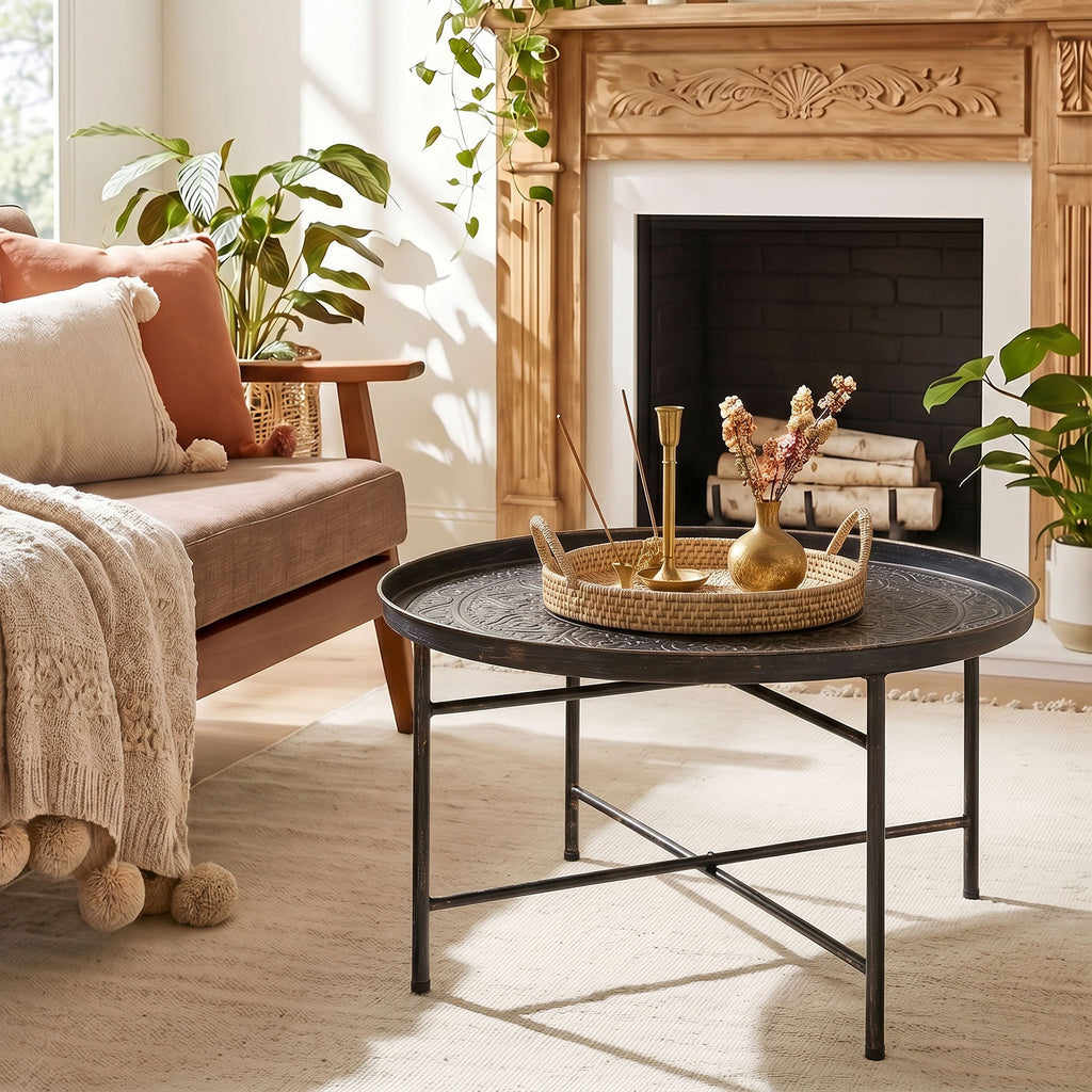 Coffee Table for Living Room, 24" Round Center Table with Hammered Tray Top and Metal Frame for Bedroom, Pewter