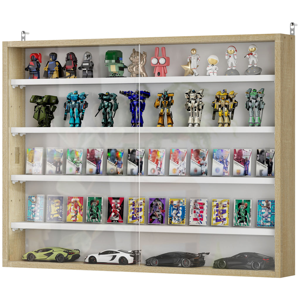 5-Tier Display Cabinet, Wall-Mounted Display Case with 2 Glass Doors and Adjustable Shelves, Oak and White