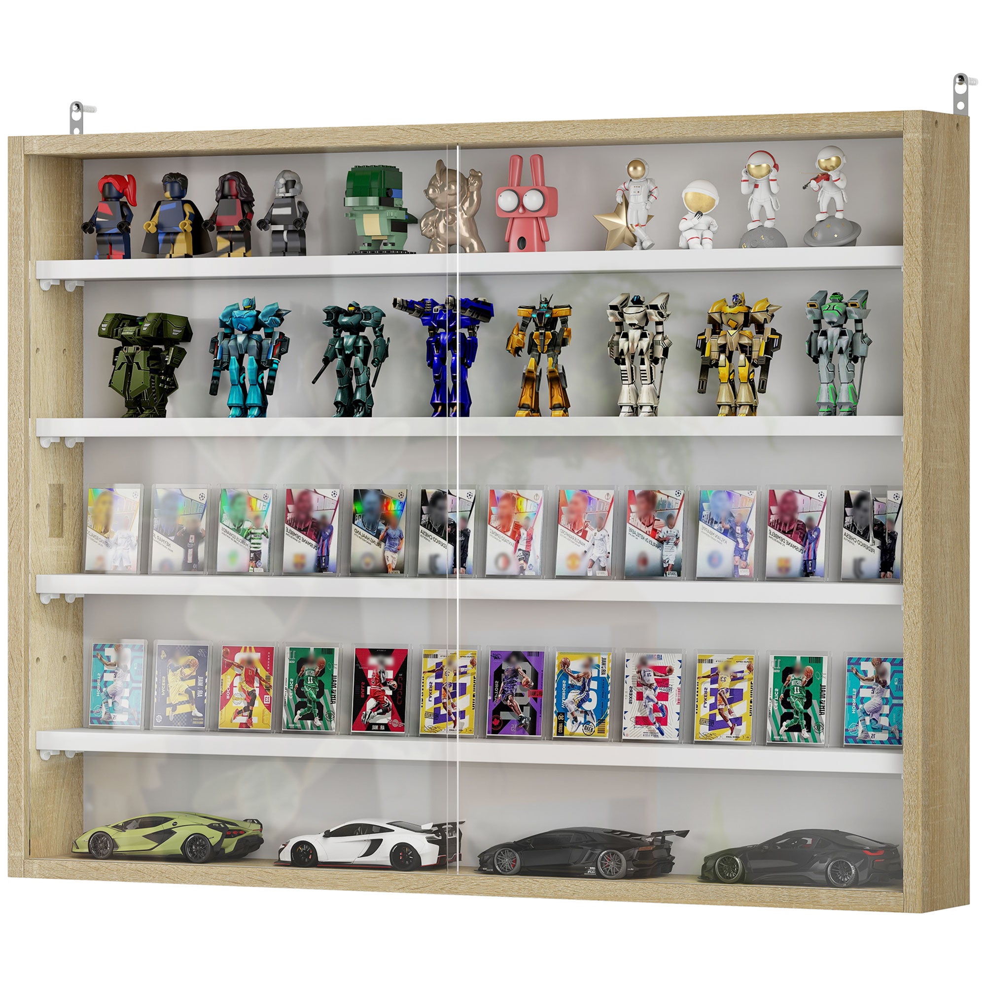 5-Tier Display Cabinet, Wall-Mounted Display Case with 2 Glass Doors and Adjustable Shelves, Oak and White