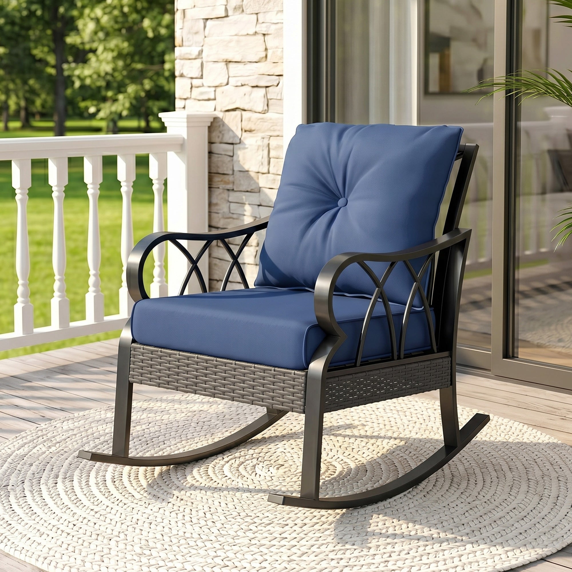 Outdoor Wicker Rocking Chair with Padded Cushions, Aluminum Furniture, Rattan Porch Rocker Chair w/ Armrest, Navy Blue