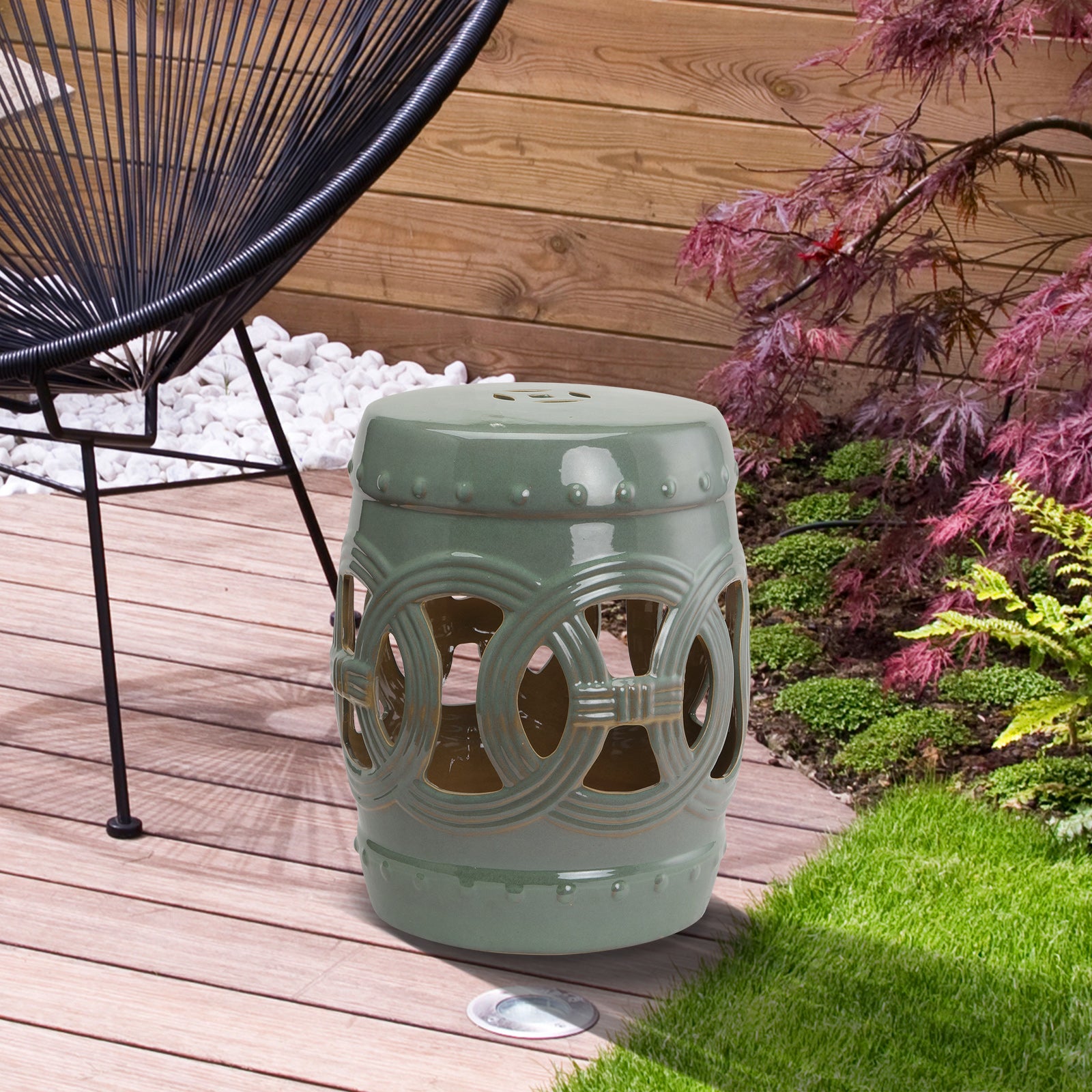 14" x 17" Ceramic Garden Stool with Double-Coin Knotted Ring Design, Glazed Decorative Outdoor Stool, Green