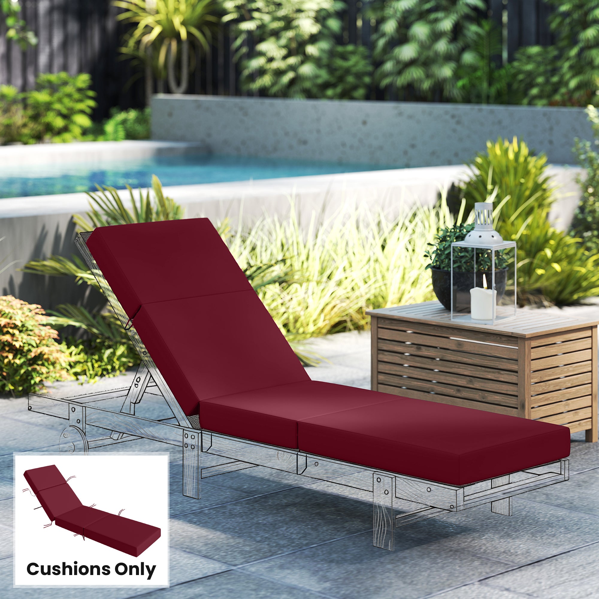 Chaise Lounge Cushion, 4" Thick Outdoor Lounge Chair Cushion with Ties for Patio, 21" x 72", Red