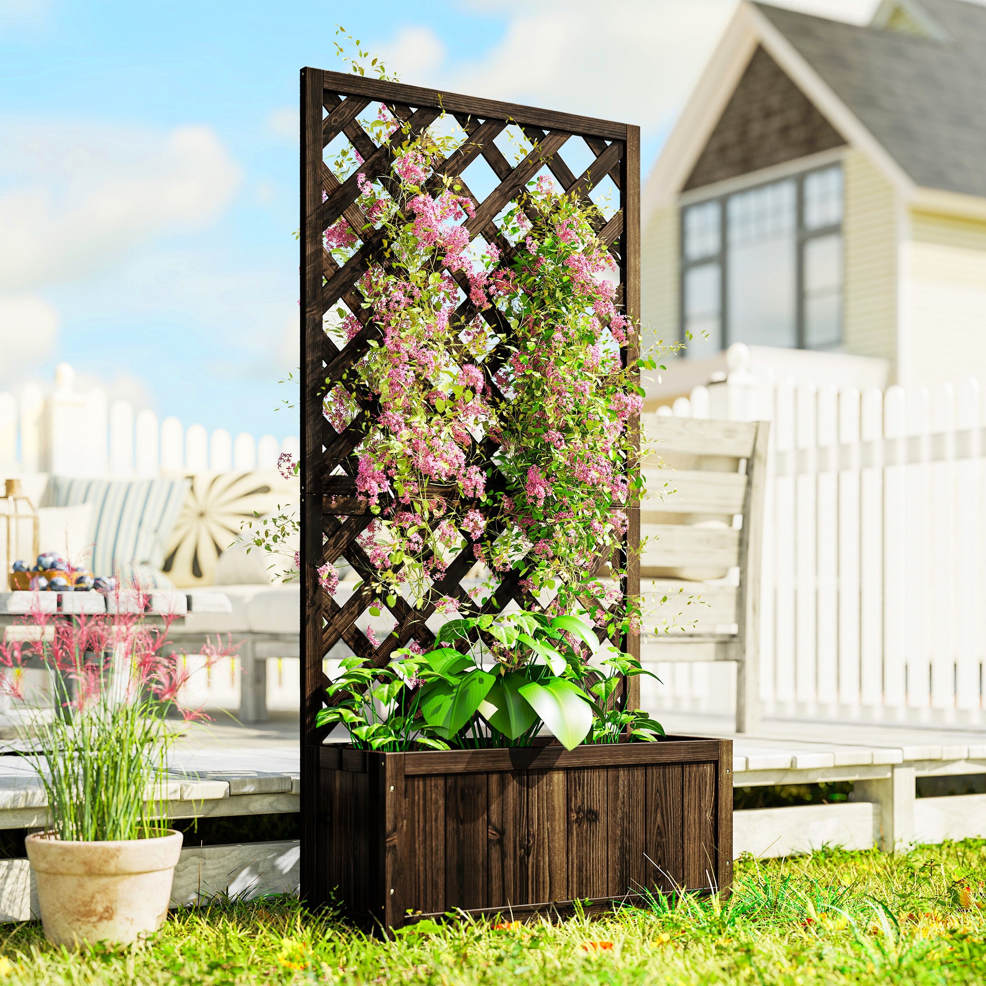 Wooden Raised Garden Bed Planting Planter Box with Trellis and Drain Holes for Climbing Vine Plants, Brown