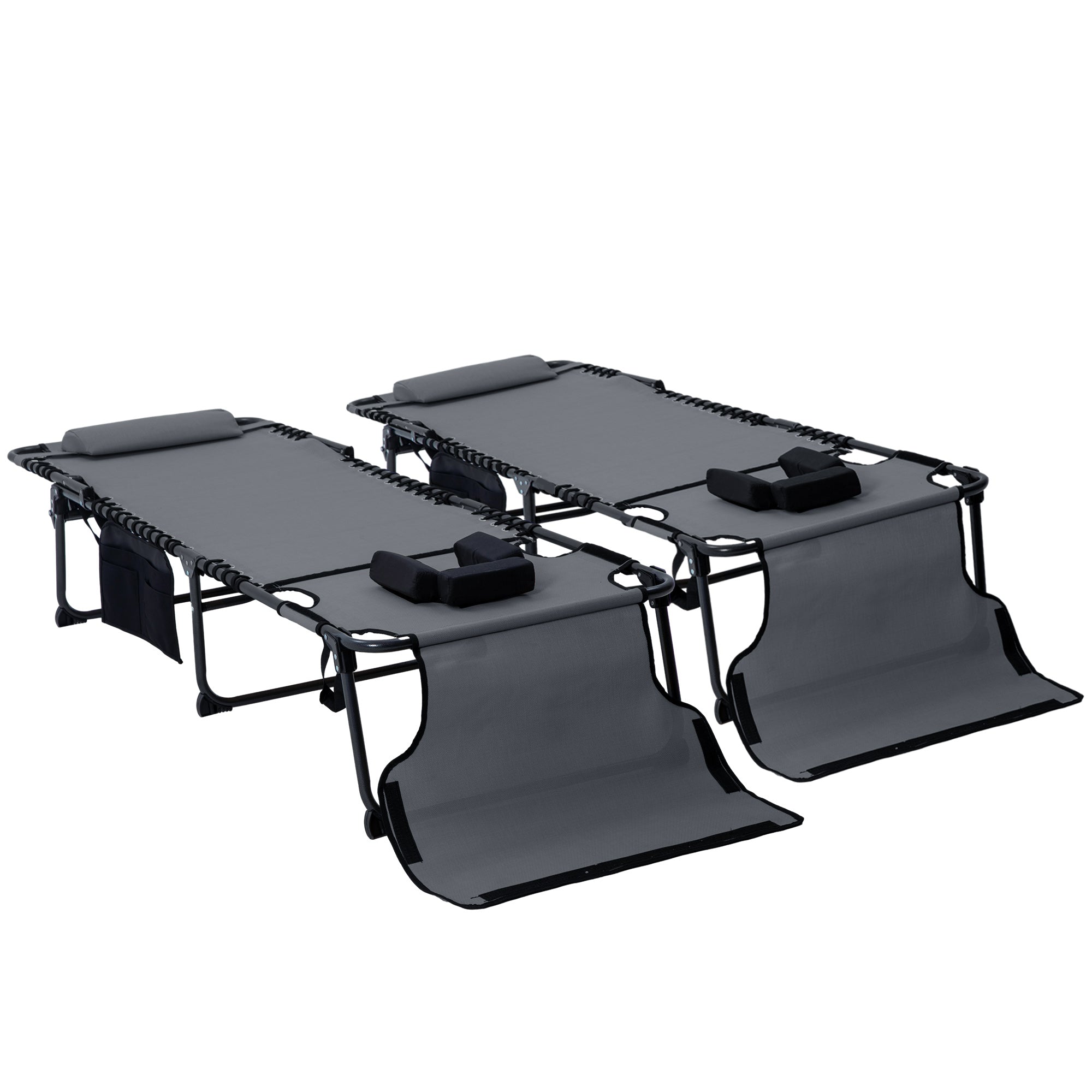 2 Piece Folding Chaise Lounge Pool Chairs with 5-level Reclining Back, Reading Hole, Side Pocket, Gray