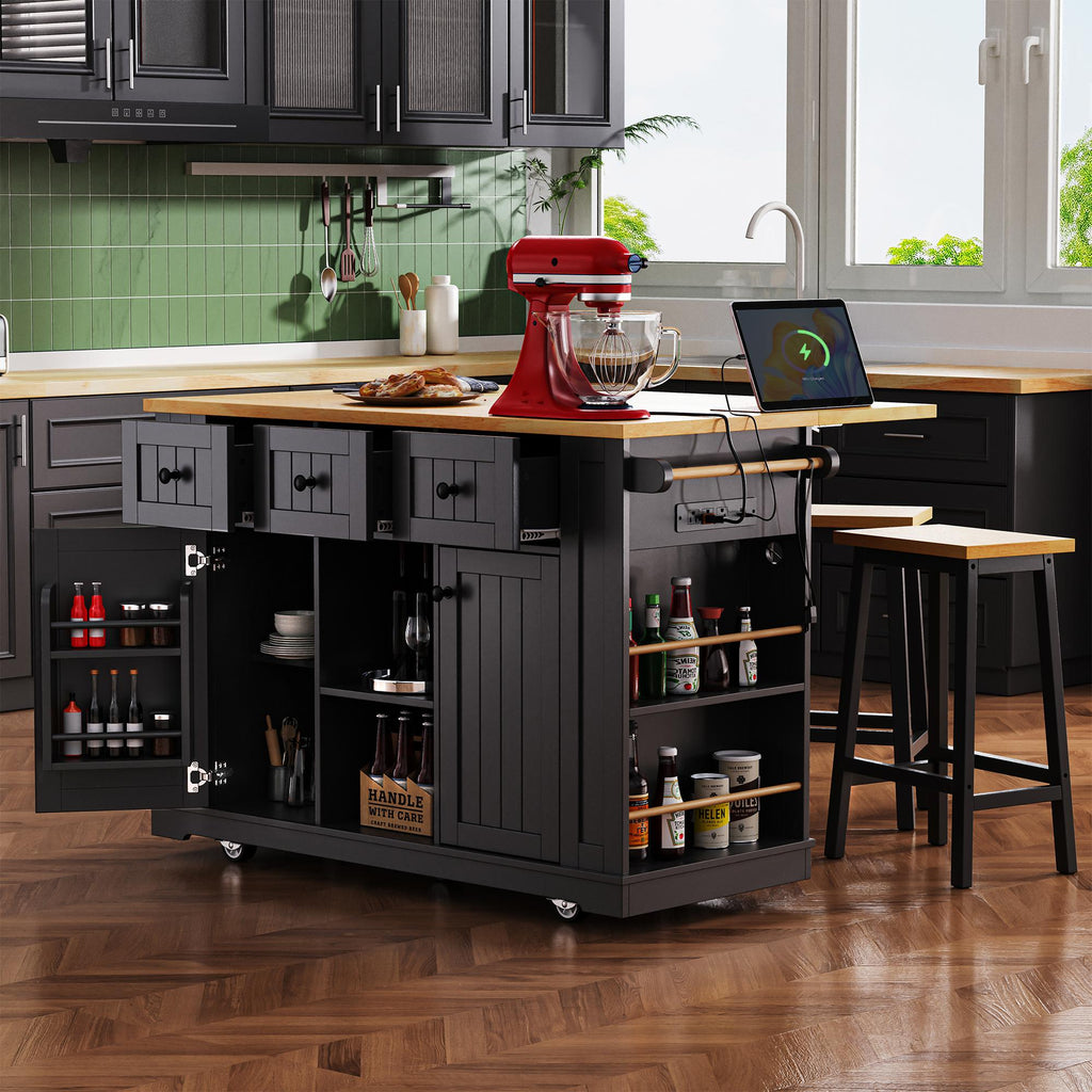 Kitchen Island with Internal Rack, Drop Leaf, Power Outlet, Rolling Cart with Adjustable Shelves and Drawers, 50" L x 29.5" W x 36.5" H, Black