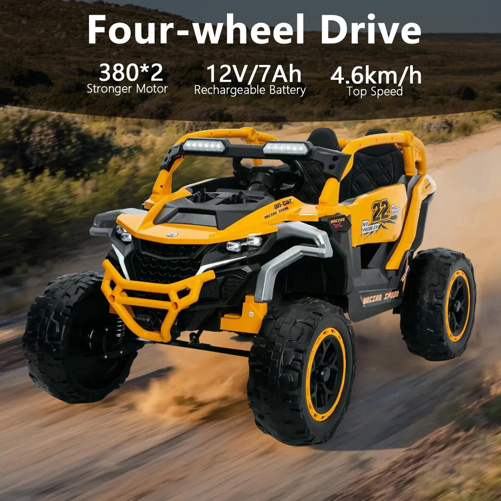 12V 2-Seater Kids Electric UTV Ride-On with Remote Control, Electric Go-Kart with Music & Flashlights, 45.5" L x 28.5" W x 24.5" H, Yellow+Black