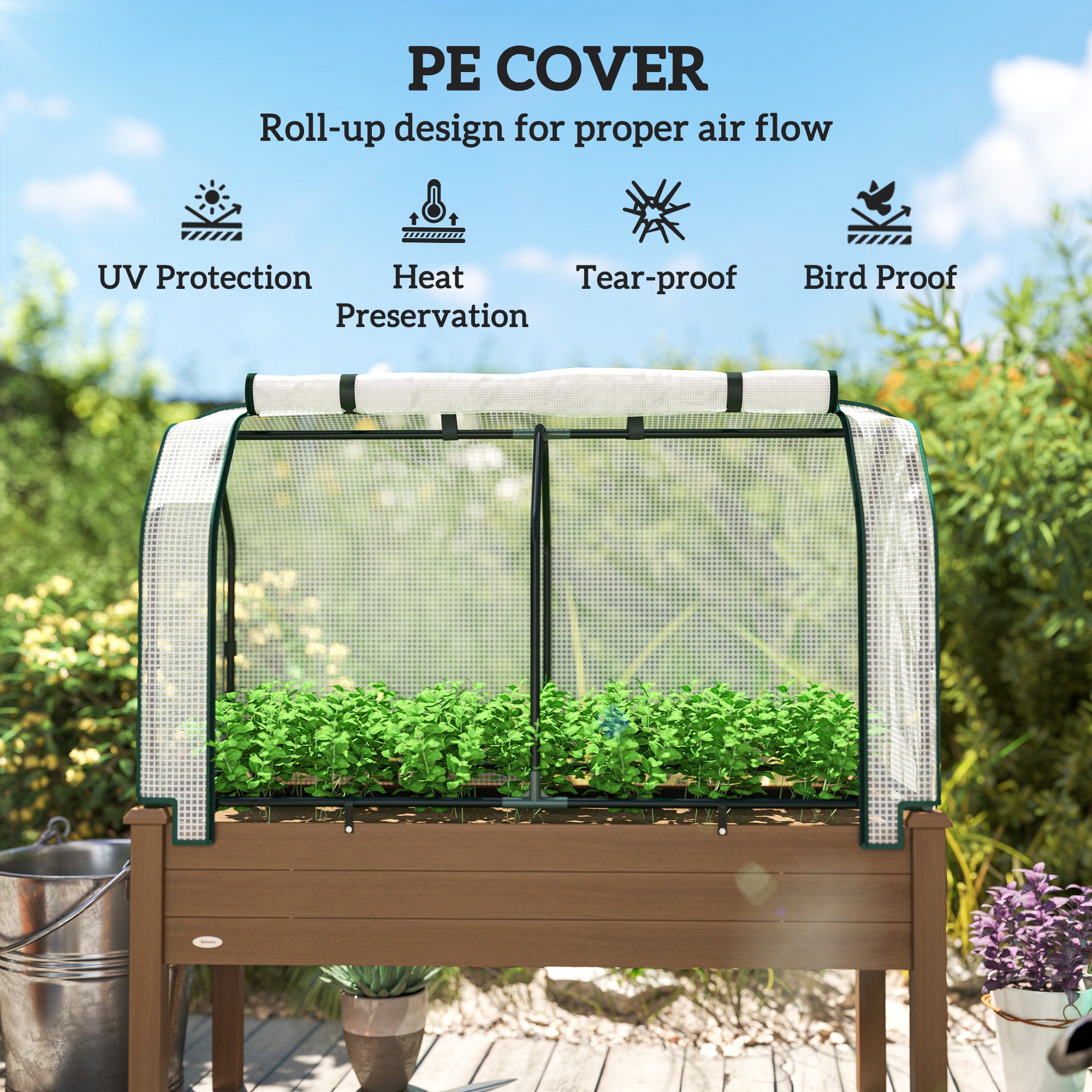 Raised Garden Bed with PE Greenhouse Cover Outdoor Planter Box for Herbs and Vegetables, 48 x 22 x 46 inch, Brown