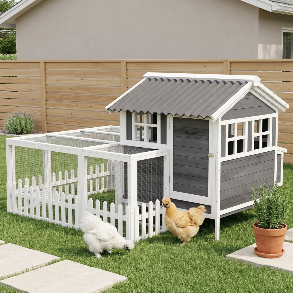 Wooden Chicken Coop with Run for 1-2 Chickens, 68" x 59" x 42"