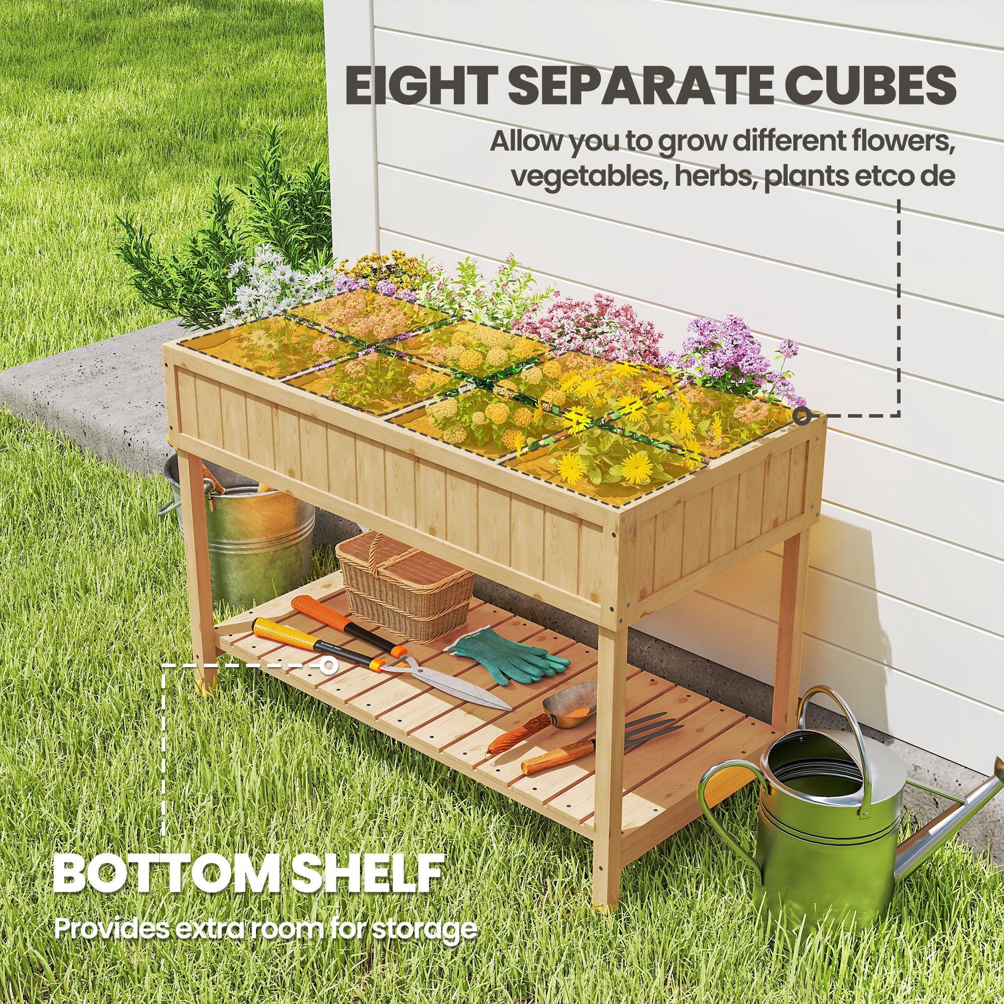 43x18x30in Raised Garden Bed with 8 Pockets and Shelf, Wooden Elevated Planter Box with Legs to Grow Herbs, Vegetables, and Flowers, Natural