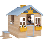 Wooden Playhouse for Kids Outdoor Garden with Working Door, Windows, Bench, Service Station, Flowers Pot Holder, Blue