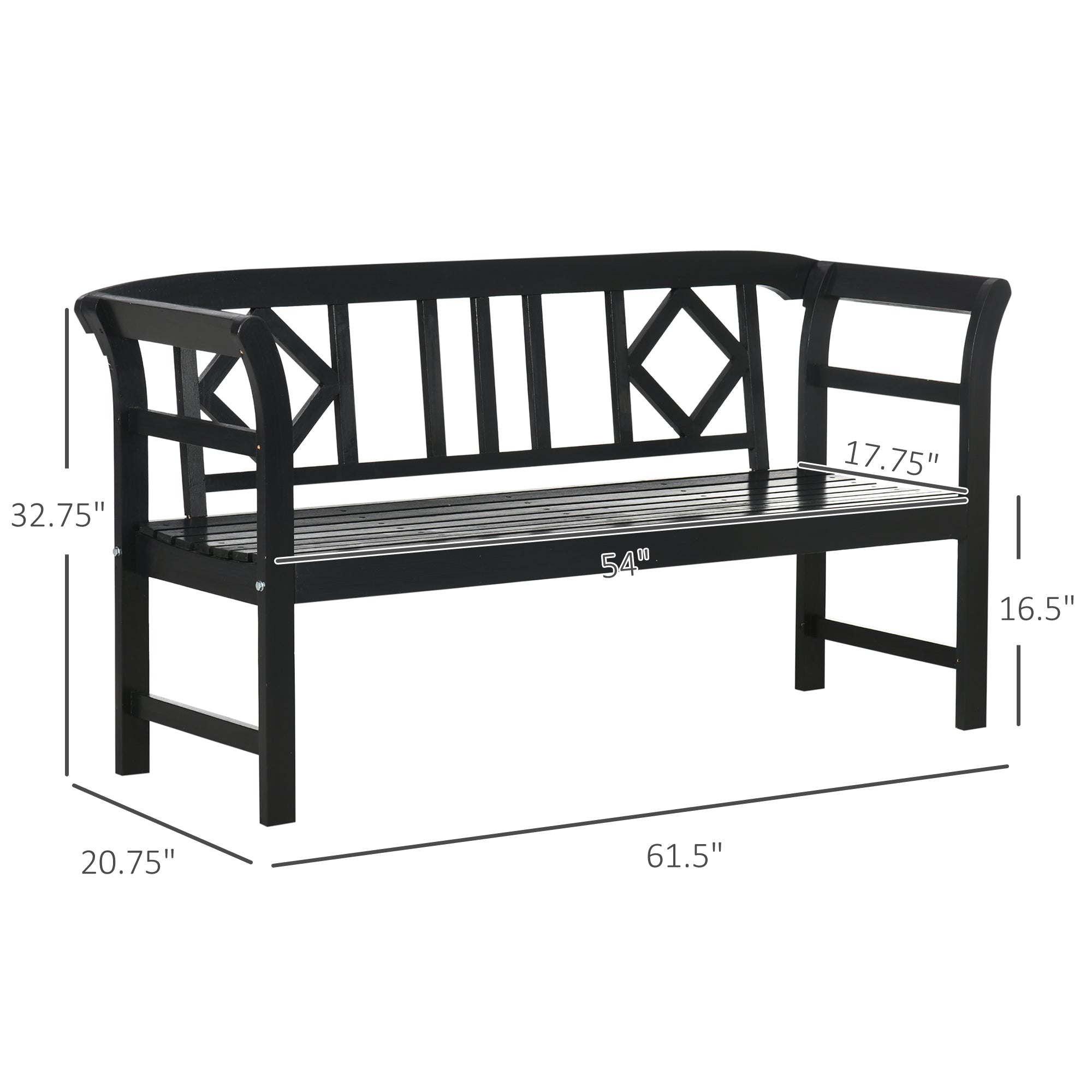 Wooden Patio Bench, Outdoor Garden Bench with Backrest and Armrests, 3 Person Porch Bench with Rustic Country Diamond Pattern, Black
