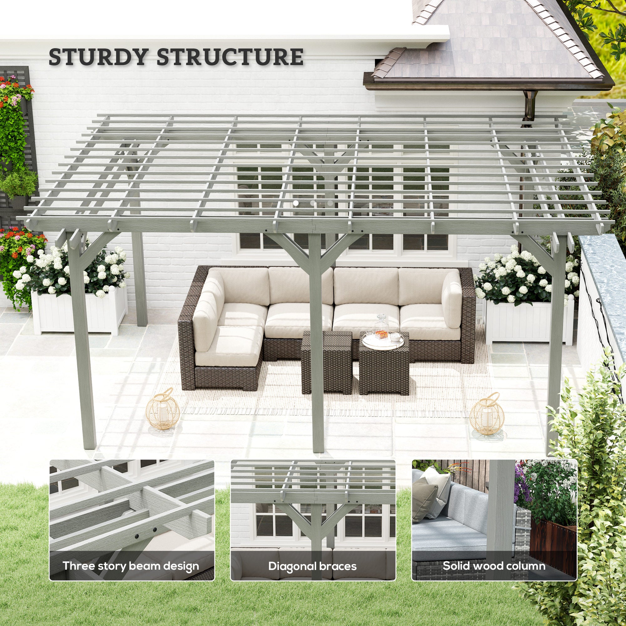 12' x 16' Outdoor Pergola, Wood Gazebo Grape Trellis with Stable Structure for Climbing Plant Support, Gray
