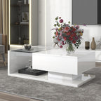 Modern Coffee Table with Tempered Glass, Wooden Cocktail Table with High-Gloss UV Surface, 2-Tier Rectangle Center Table for Living Room, White