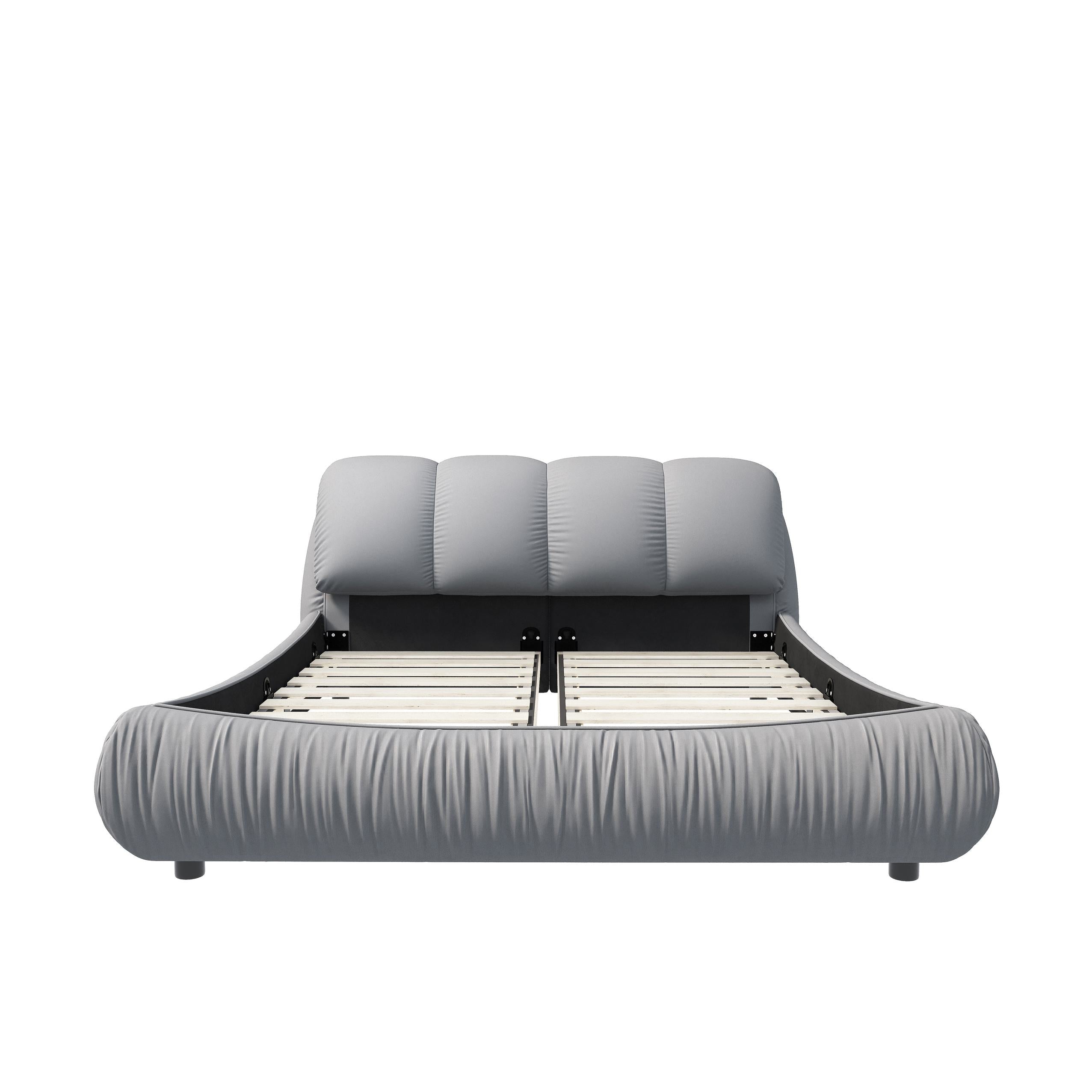 King Size Upholstered Bed with Oversized Padded Backrest, Solid Wood Frame, Adjustable Mattress Heights, 96.5" L x 86" W x 43.5" H, Gray