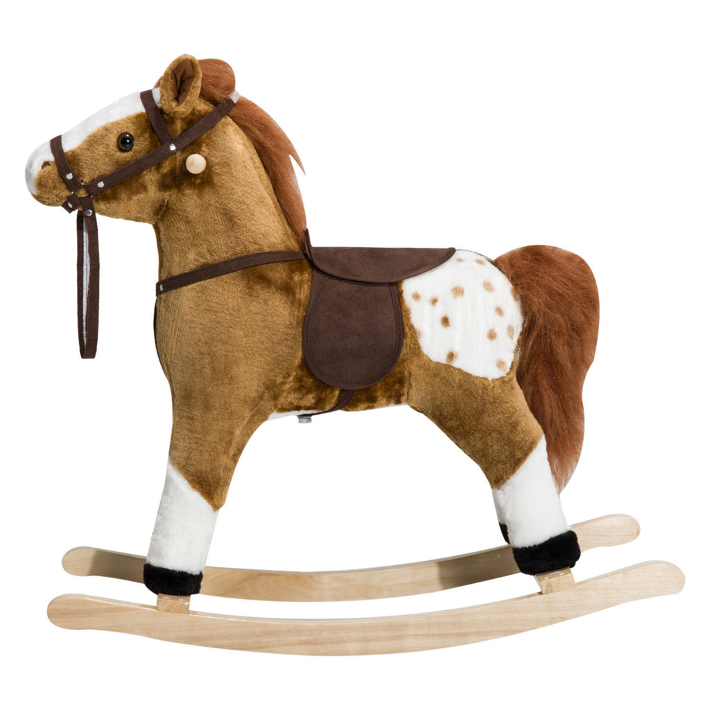 Kids Plush Toy Rocking Horse Pony Toddler Ride on Animal for Girls Pink Birthday Gifts with Realistic Sounds, Brown