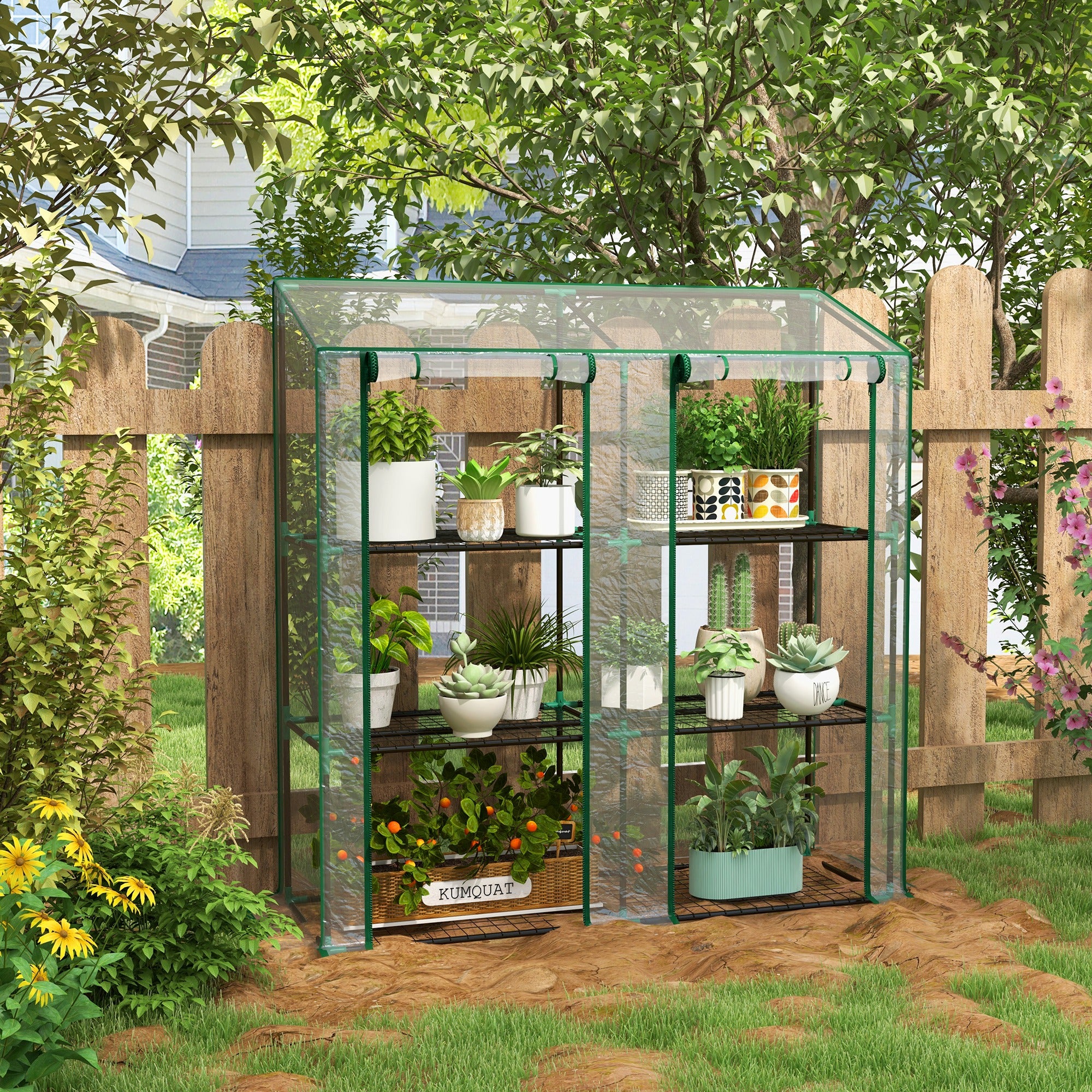 Lean-to Greenhouse, Portable Greenhouse with 3 Tier Shelves, 2 Roll-Up Zippered Doors, 56.3" x 18.1" x 59.4", Clear