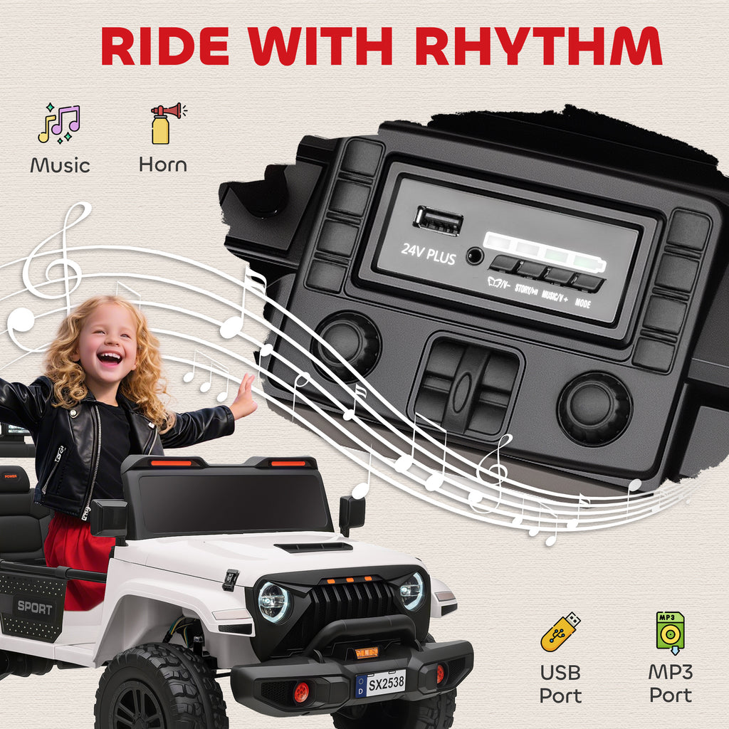 Ride on Truck Car with 2-Seater, 24V Electric Car with 4 Motors, Remote Control, Spring Suspension for 3-8 Years, White
