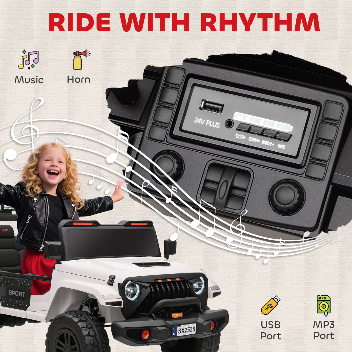 Ride on Truck Car with 2-Seater, 24V Electric Car with 4 Motors, Remote Control, Spring Suspension for 3-8 Years, White