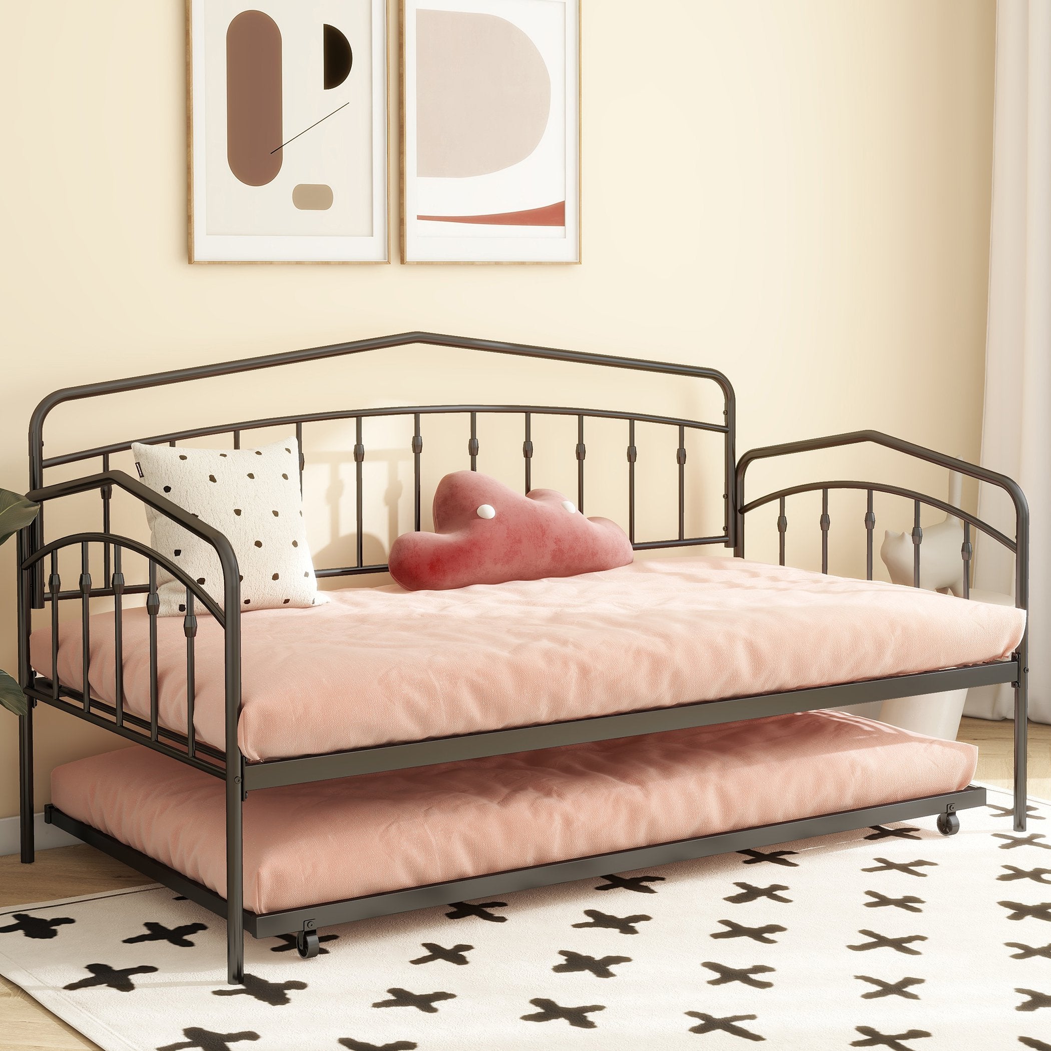 Fox Twin Metal Daybed Frame with Twin Trundle, Anti-Noise Design, Easy Installation, No Box Spring Needed, Fits Standard Twin Mattresses, Black