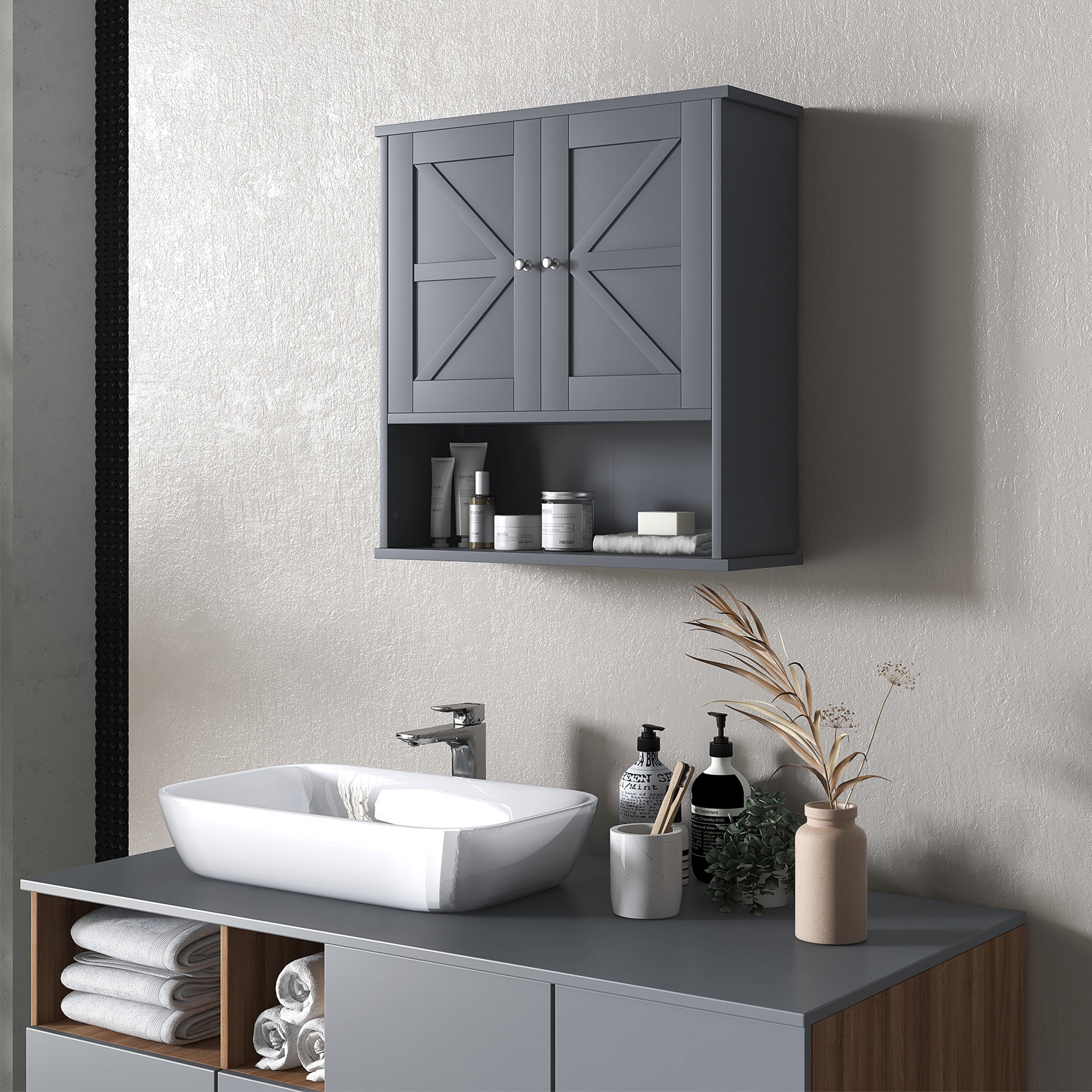 Farmhouse Bathroom Medicine Cabinet, Wall Cabinet with Barn Doors and Adjustable Shelf for Laundry Room, Gray
