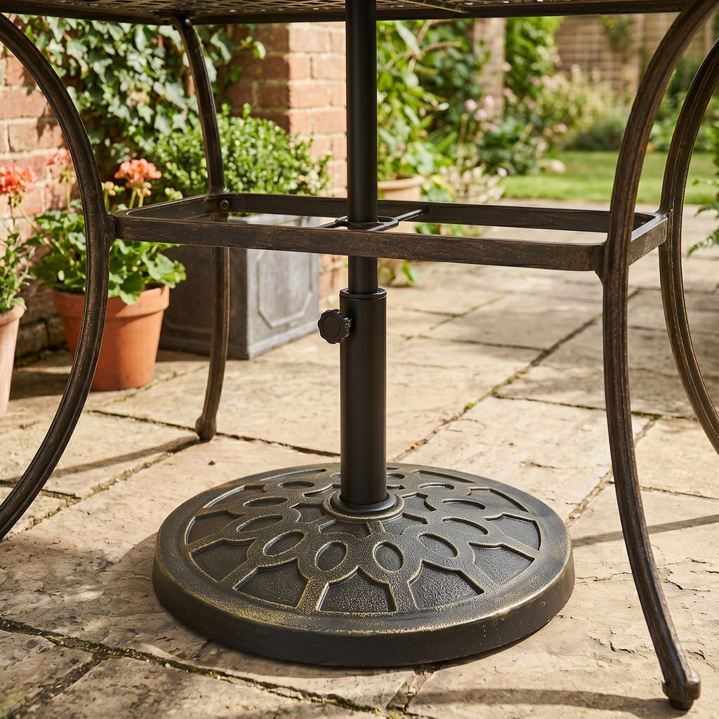18" 26 lbs Round Resin Umbrella Base Stand Market Parasol Holder with Beautiful Decorative Pattern & Easy Setup, for Φ1.5", Φ1.89" Pole, for Lawn, Deck, Backyard, Garden, Bronze