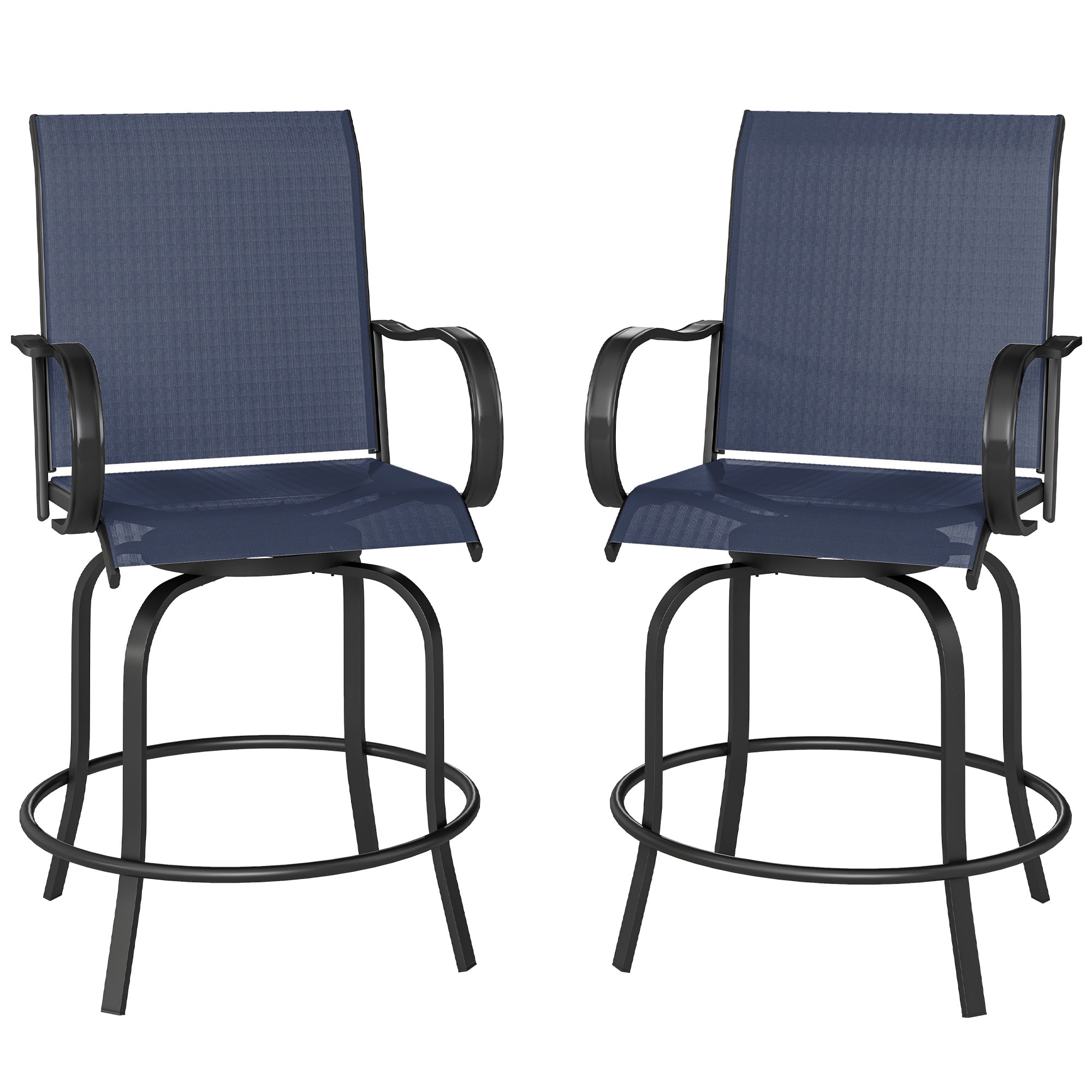 Outdoor Bar Stools Set of 2, 360° Swivel Bar Height Chairs, 26.75" x 29.5" x 48.5", Navy Blue