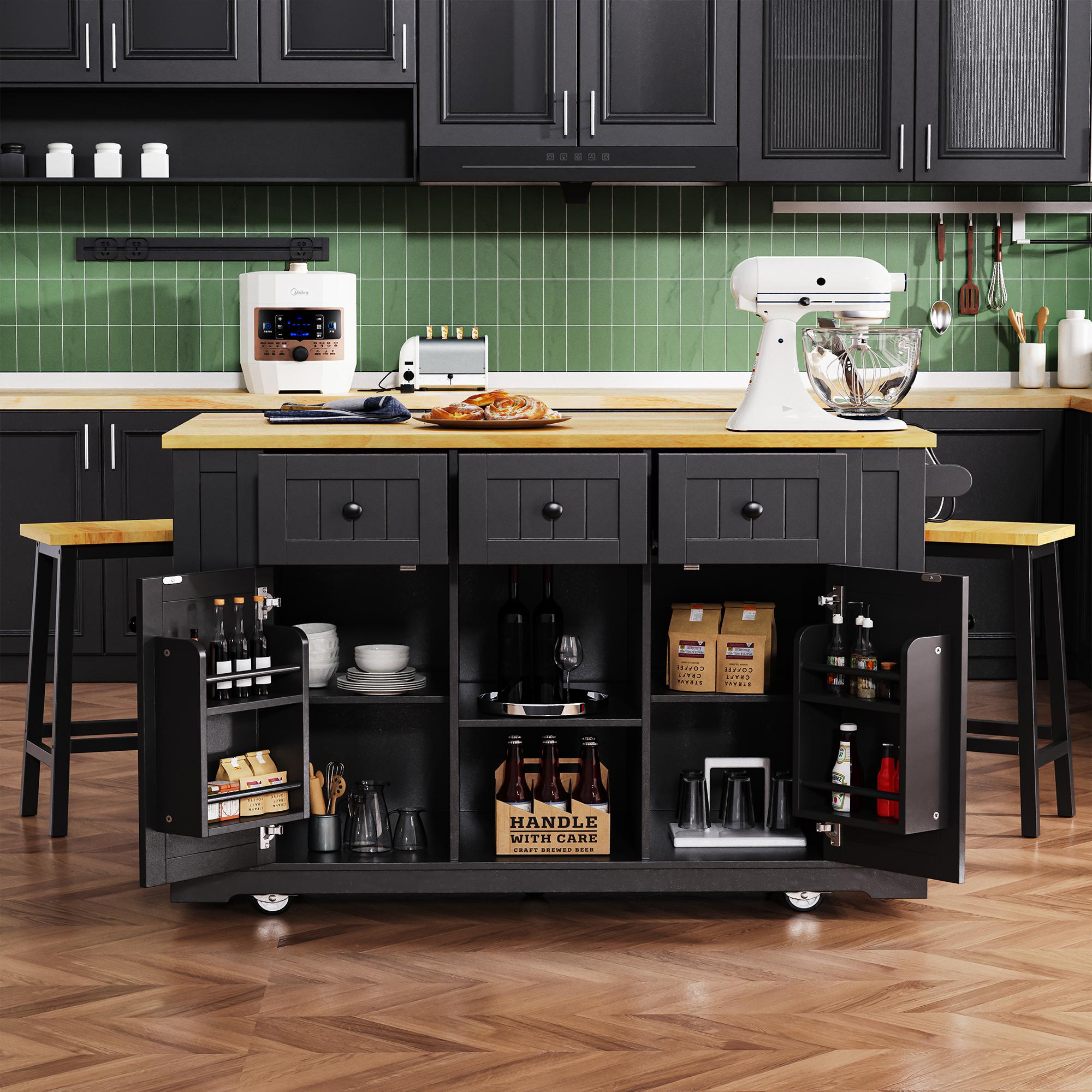 Kitchen Island with Internal Rack, Drop Leaf, Power Outlet, Rolling Cart with Adjustable Shelves and Drawers, 50" L x 29.5" W x 36.5" H, Black