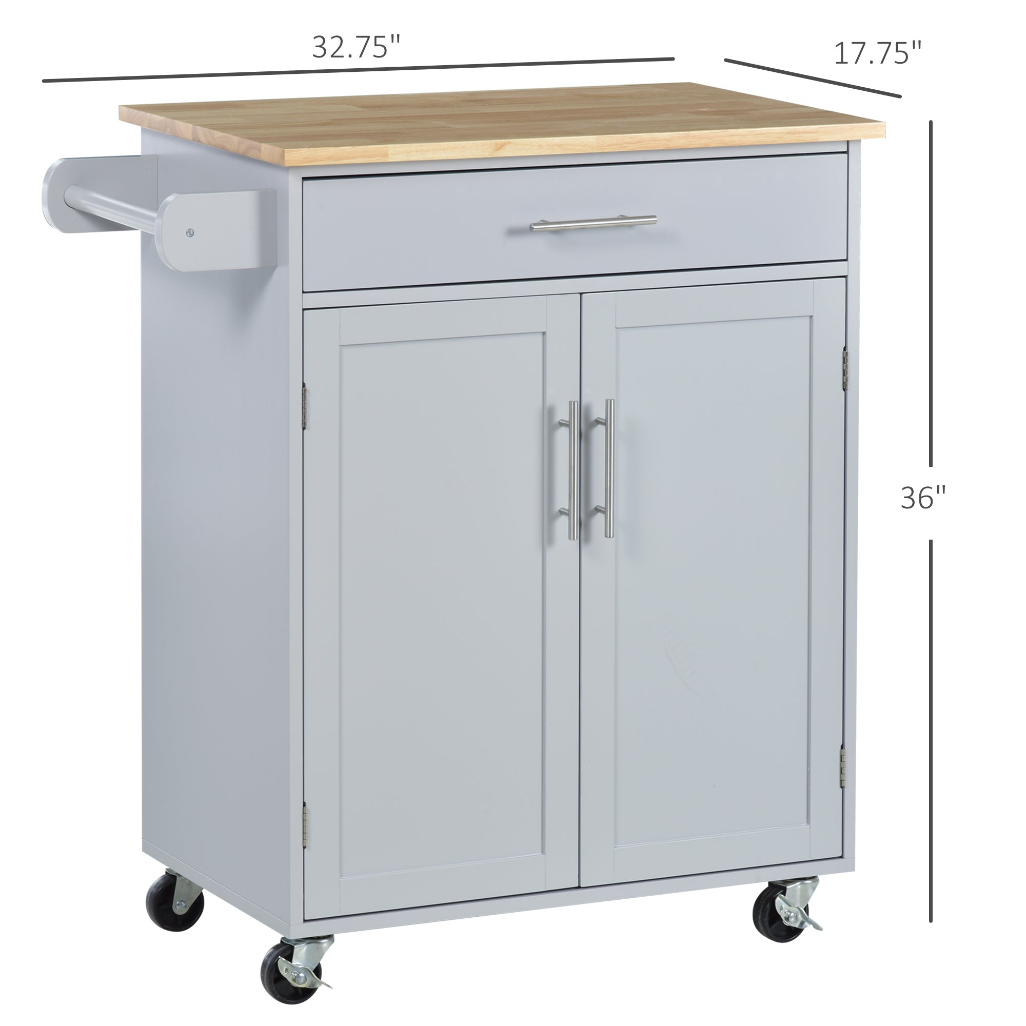 Kitchen Island Cart, Rolling Island Table with Solid Wood Top, Trolley Cart with Drawer, Storage Cabinet & Towel Rack, Gray