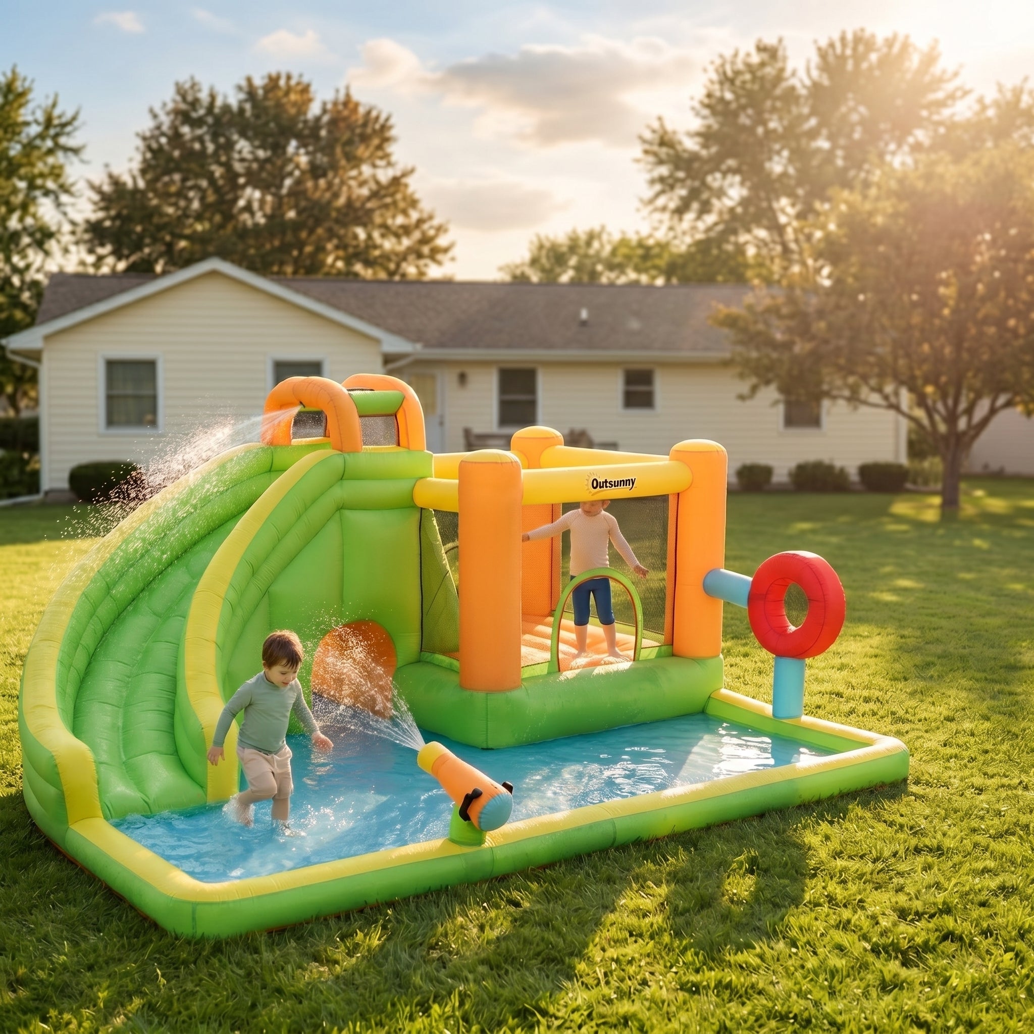 7-in-1 Inflatable Water Slide, Kids Castle Bounce House Includes Slide, Boxing Post, Tunnel Repair Patches