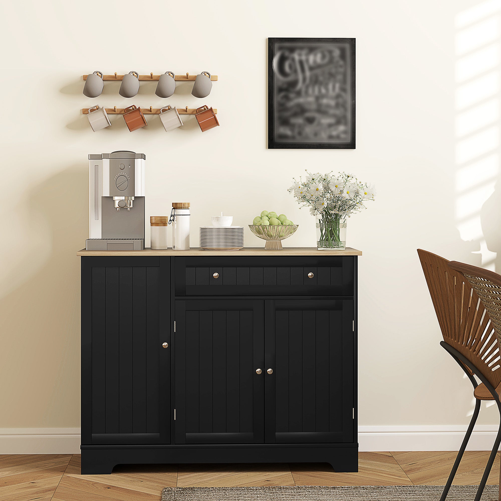 Modern Sideboard Cabinet, 41" Kitchen Buffet Cabinet with Drawer, Adjustable Shelf, 3 Doors for Dining Room, Black