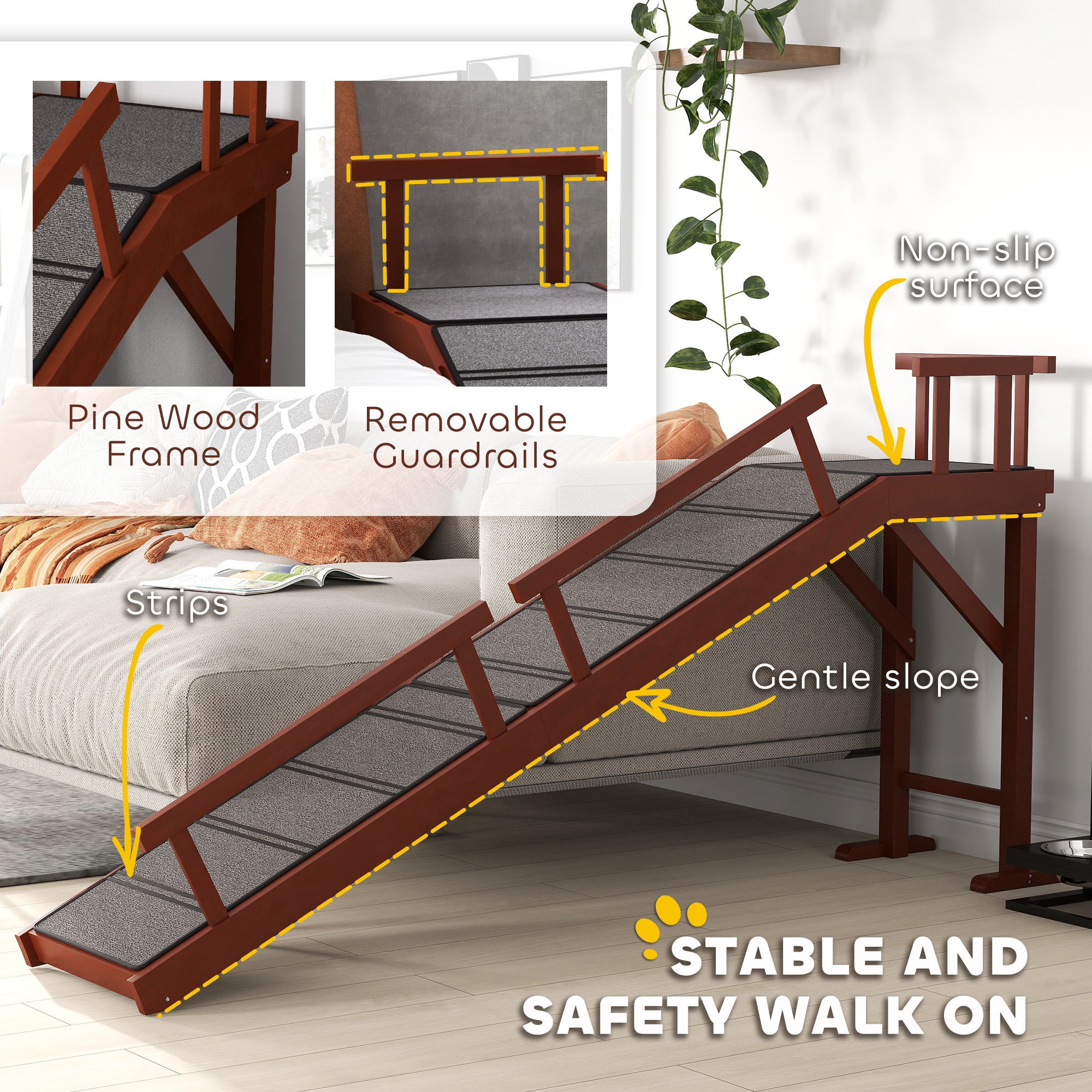 Wooden Dog Ramp with Removable Guardrails, Non-Slip Surface, 70.5" Long, Brown