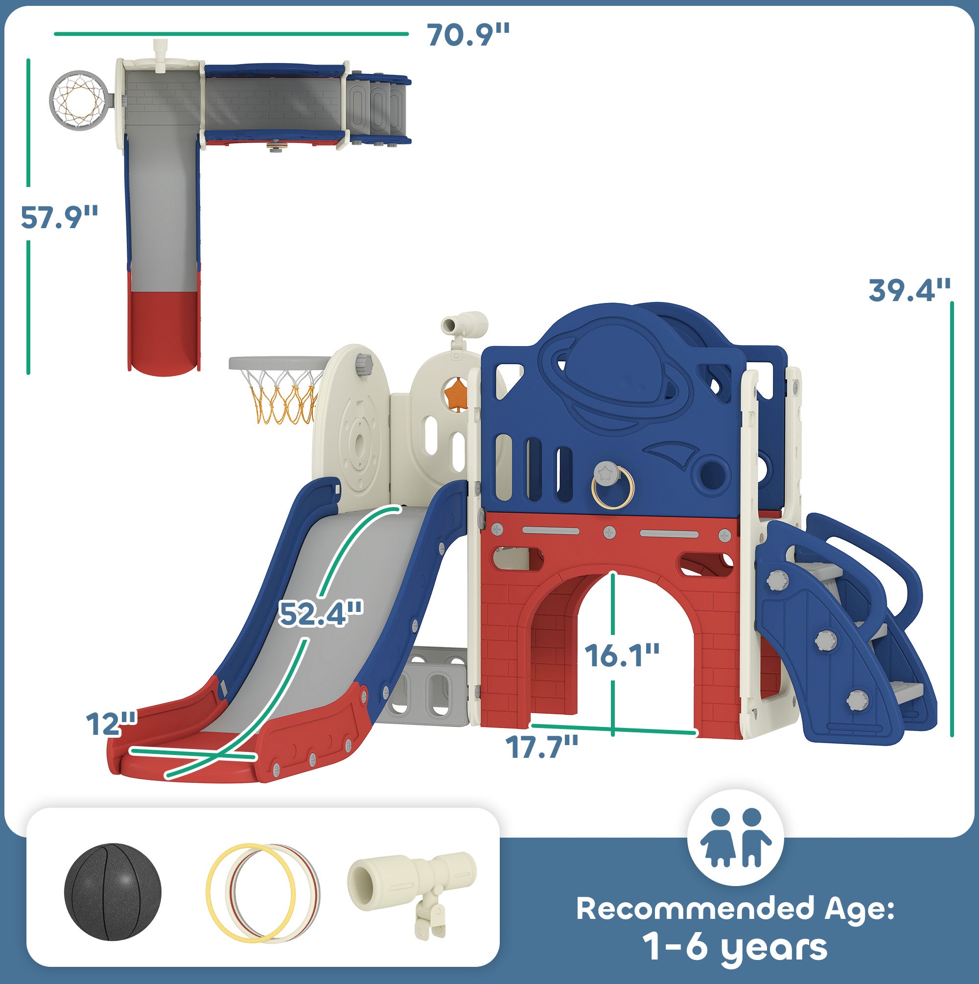 8-in-1 Toddler Slide Set with Basketball Hoop, Indoor Outdoor Playground Playset for Kids, Blue