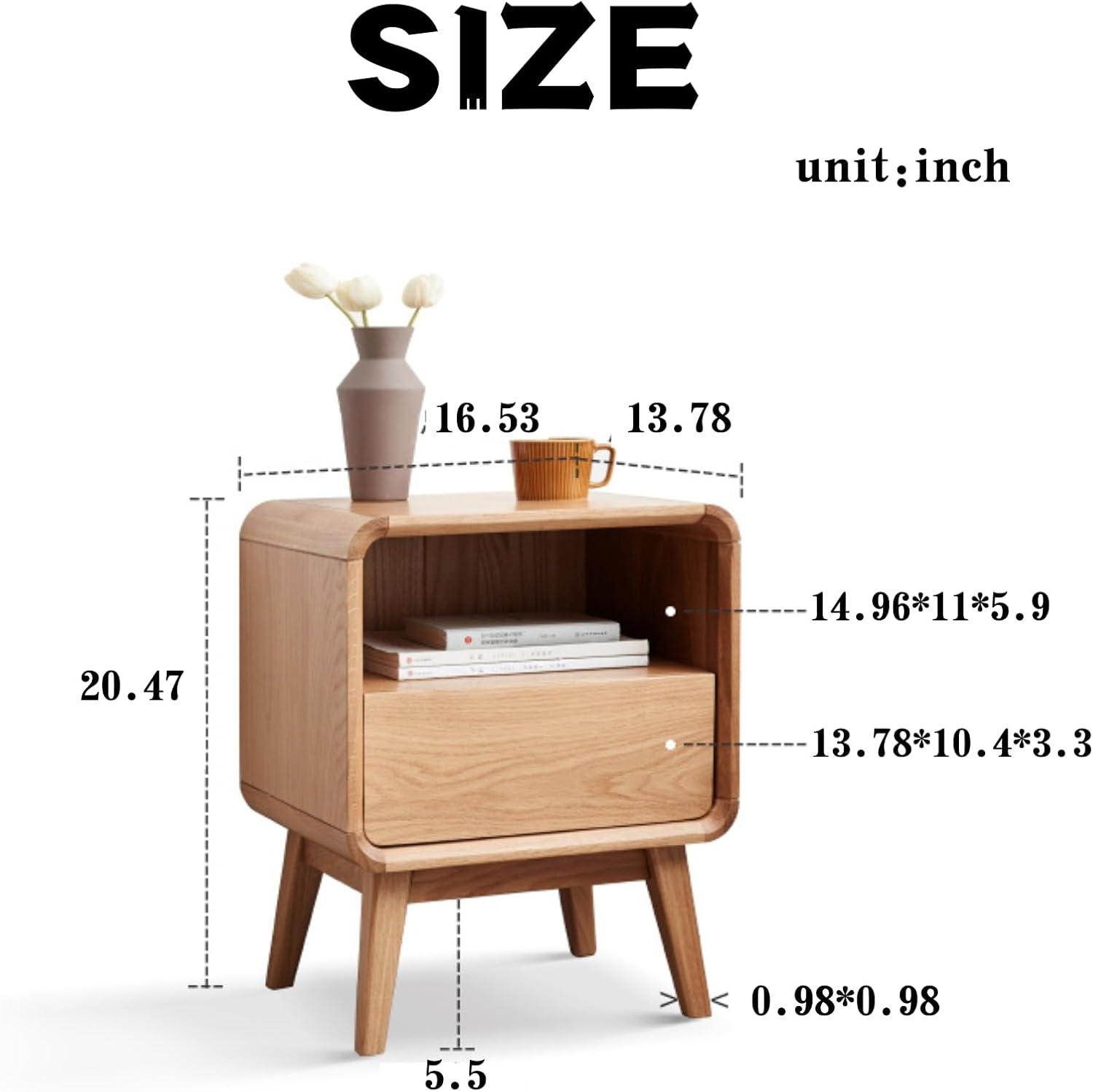 Solid Nightstand with Open Shelf & Cable Management Hole, Modern Bedside Cabinet for Compact Rooms, 16.5″ L x 13.5″ W x 23″ H, Natural