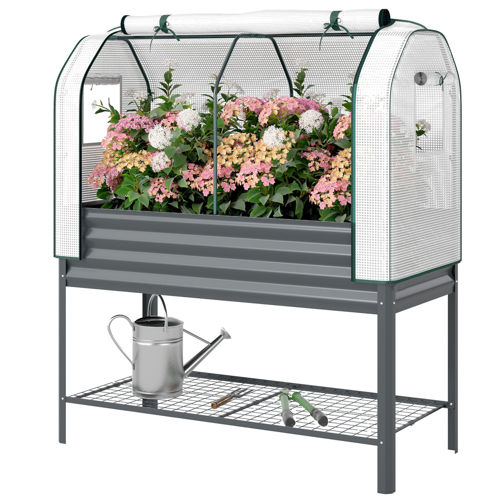Galvanised Raised Garden Bed with Greenhouse Cover, Metal Elevated Garden Bed with Bed Liner, Bottom Shelf, Dark Gray