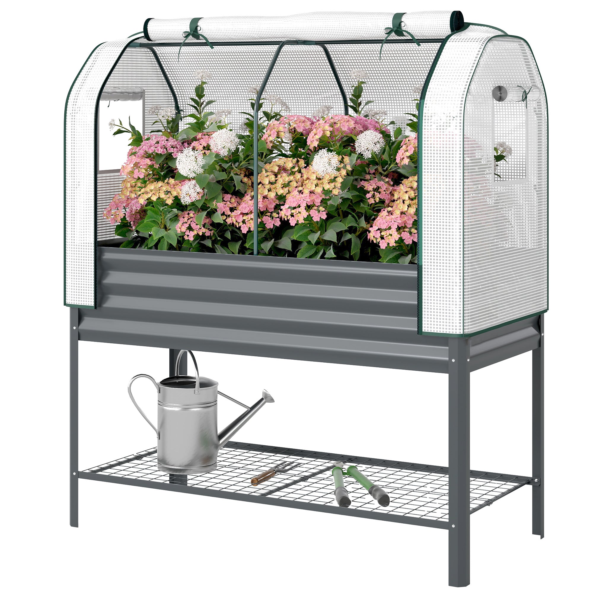 Galvanised Raised Garden Bed with Greenhouse Cover, Metal Elevated Garden Bed with Bed Liner, Bottom Shelf, Dark Gray