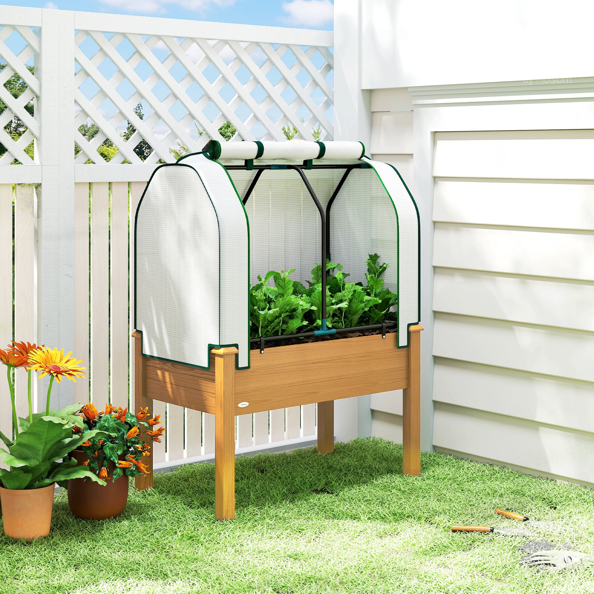 Raised Garden Bed with PE Greenhouse Cover Outdoor Planter Box for Herbs and Vegetables, 35 x 22 x 47 inch, Sand