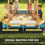 Wooden Sandbox with Dinosaur Print Canopy Kids Sandbox Outdoor with Bench Seats & 2 Storage Bins