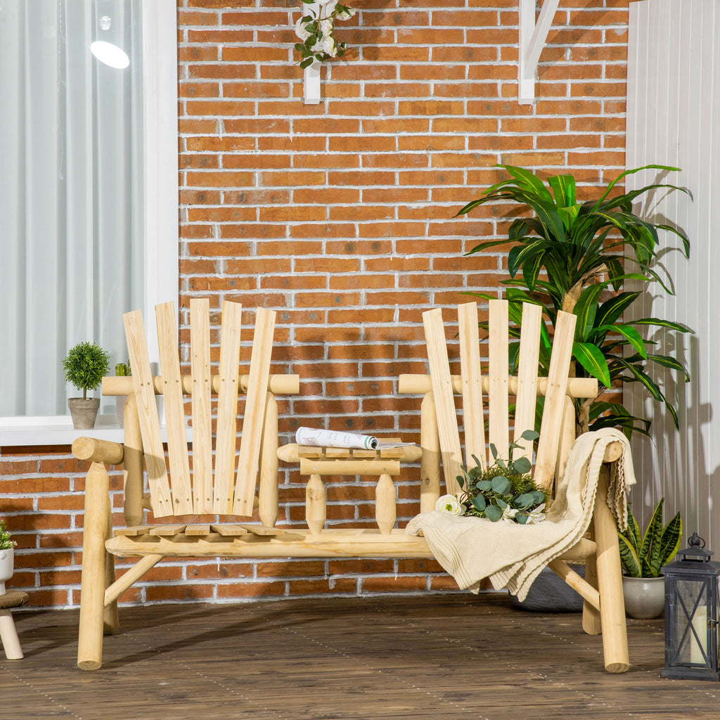 2-Seat Wooden Adirondack Chair, Patio Bench with Table, Outdoor Loveseat Fire Pit Chair for Porch, Backyard, Deck, Natural