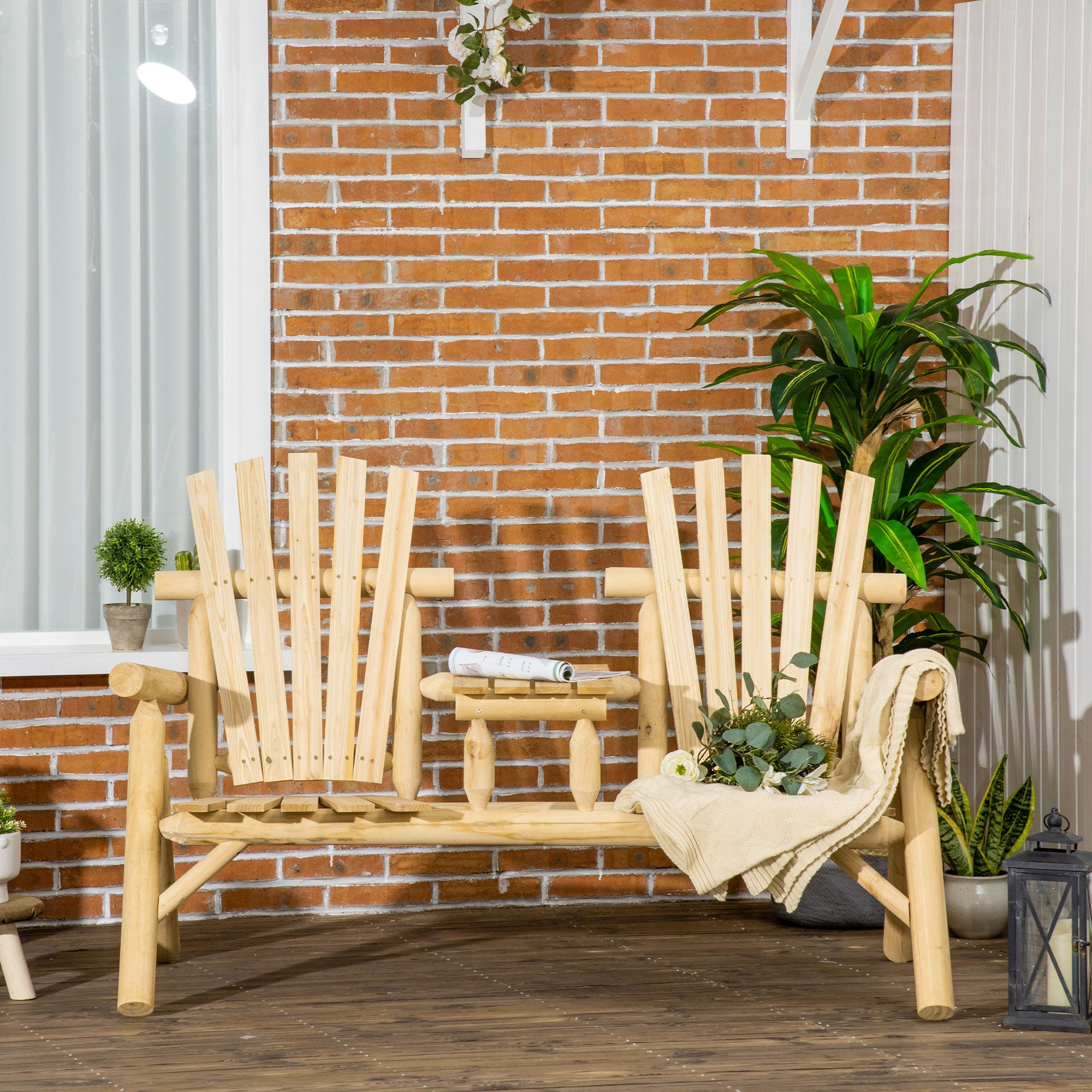 2-Seat Wooden Adirondack Chair, Patio Bench with Table, Outdoor Loveseat Fire Pit Chair for Porch, Backyard, Deck, Natural