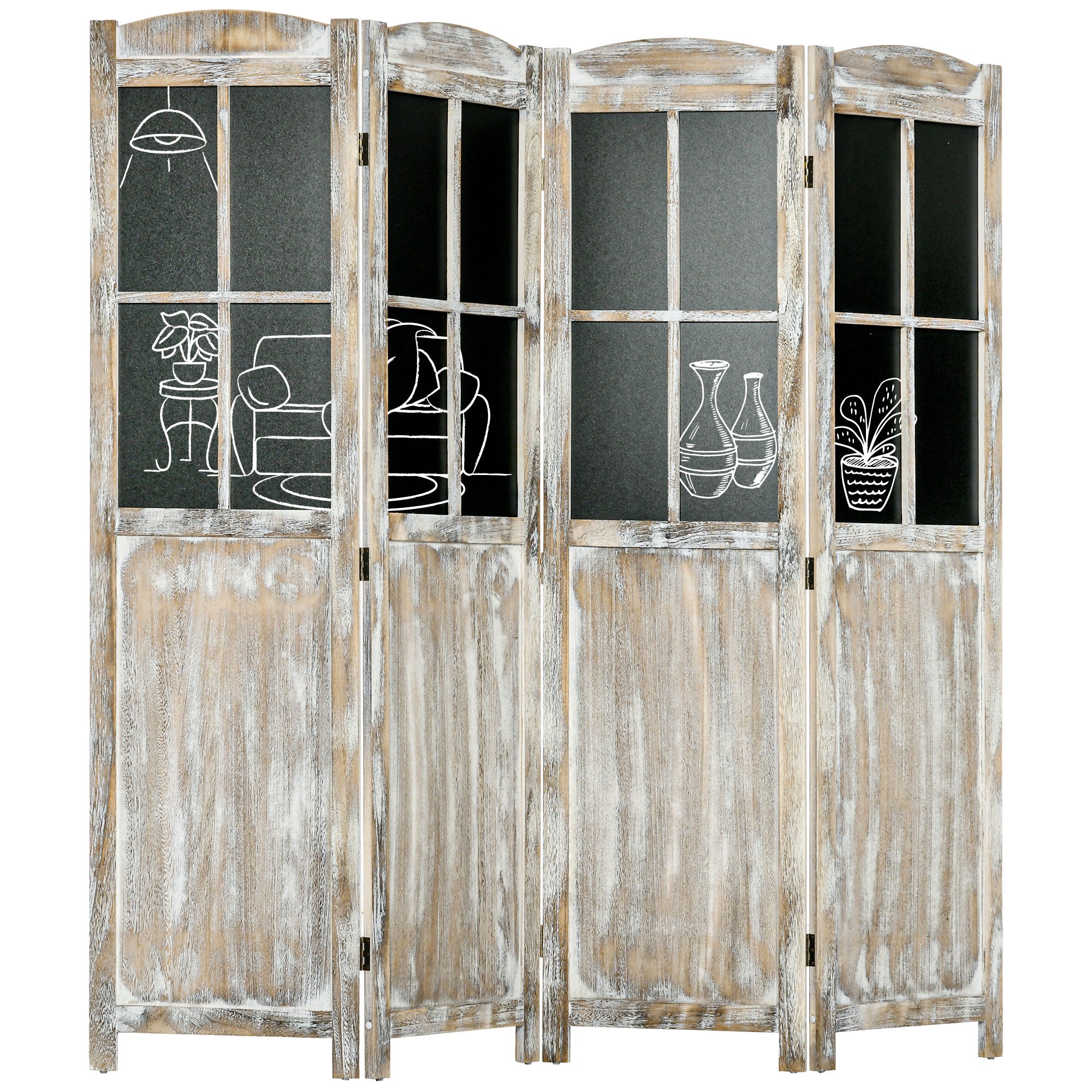4 Panel Room Divider, 5.6' Tall Farmhouse Style Folding Indoor Portable Wood Privacy Screen with Black Boards, Hinged Freestanding Partition Wall Dividers for Home Office, Natural
