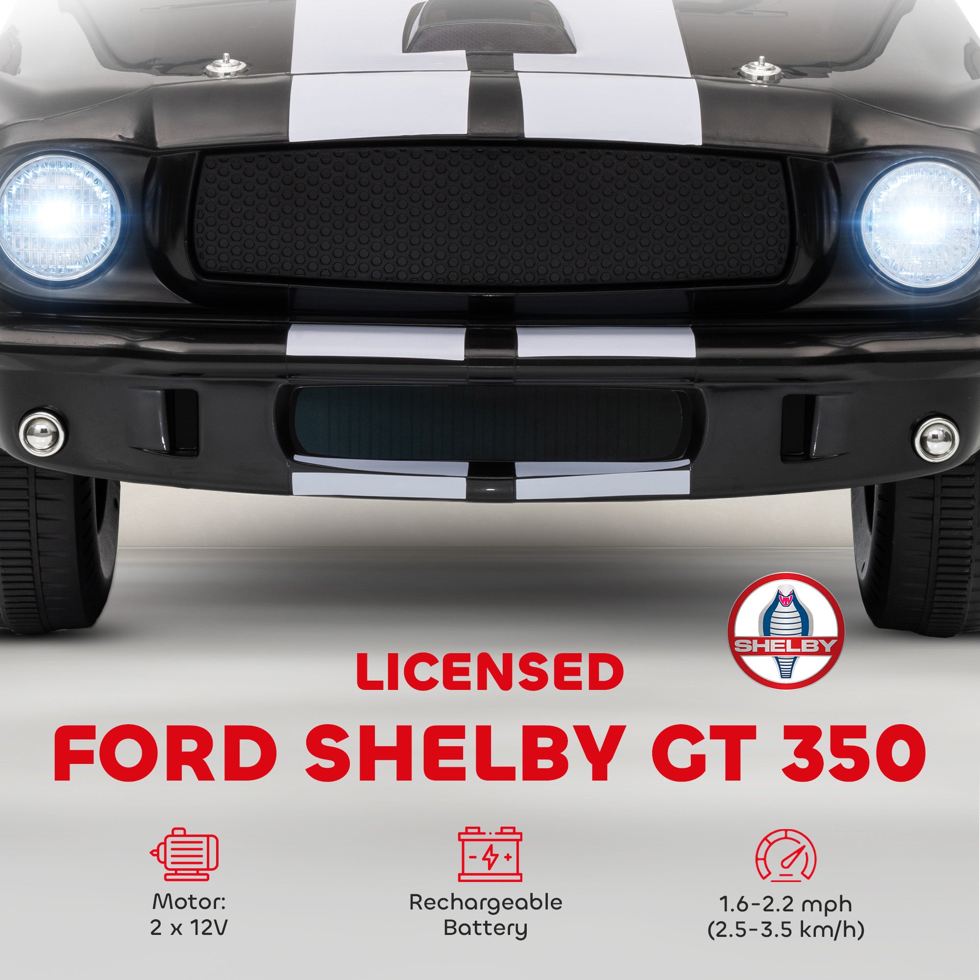 Licensed Shelby GT 350 Kids Ride On Car with Remote Control, Adjustable Speed, MP3, Smooth Start, LED Lights, Black