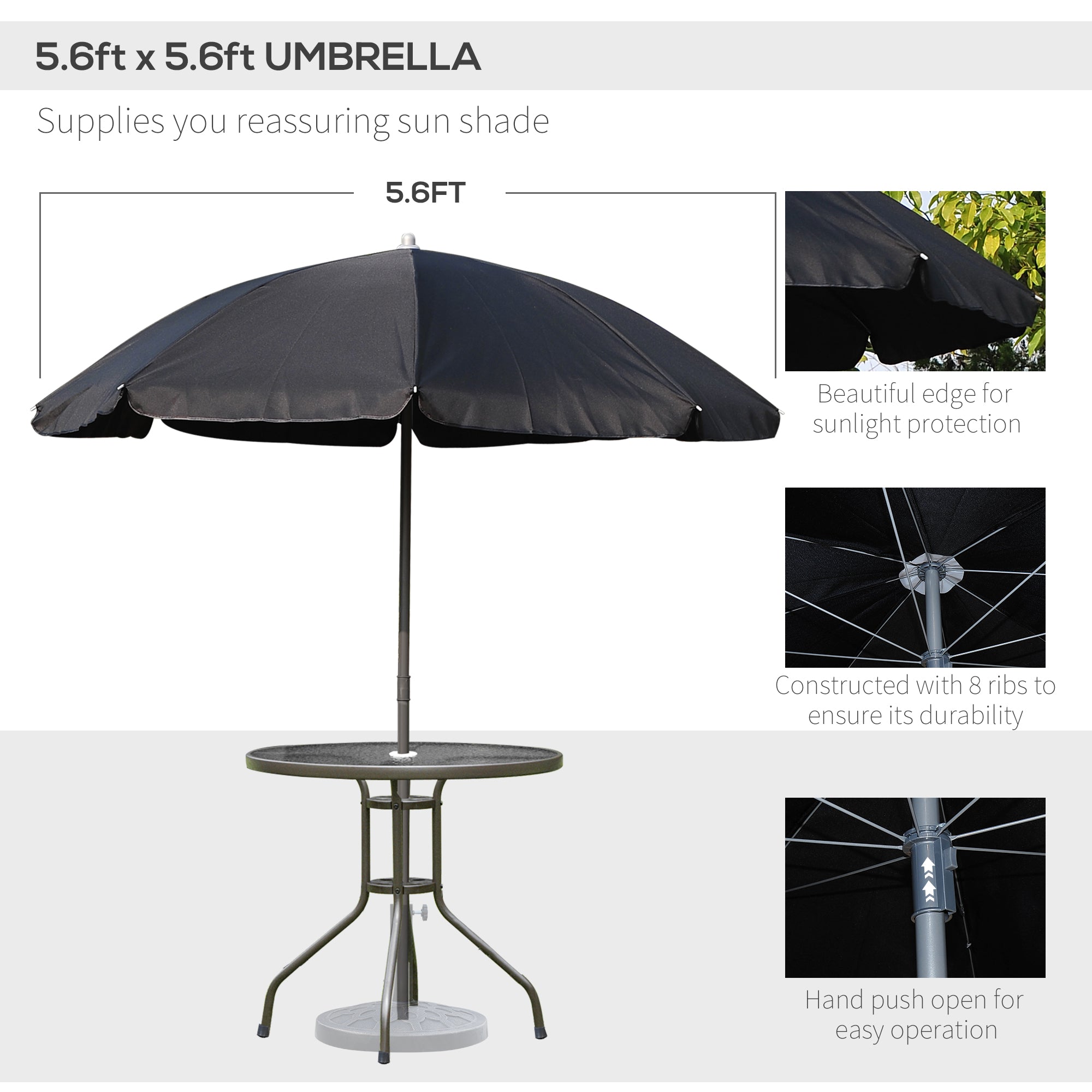 6 Piece Patio Dining Set for 4 with Umbrella, Outdoor Table and Chairs with 4 Folding Dining Chairs & Round Glass Table for Garden, Backyard and Poolside, Black and Coffee