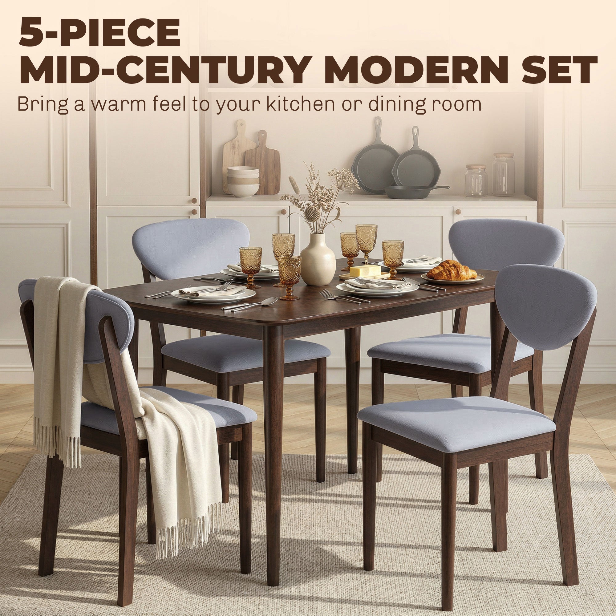 5-Piece Dining Table Set for 4, Mid-Century Modern Kitchen Table and Chairs, Light Gray