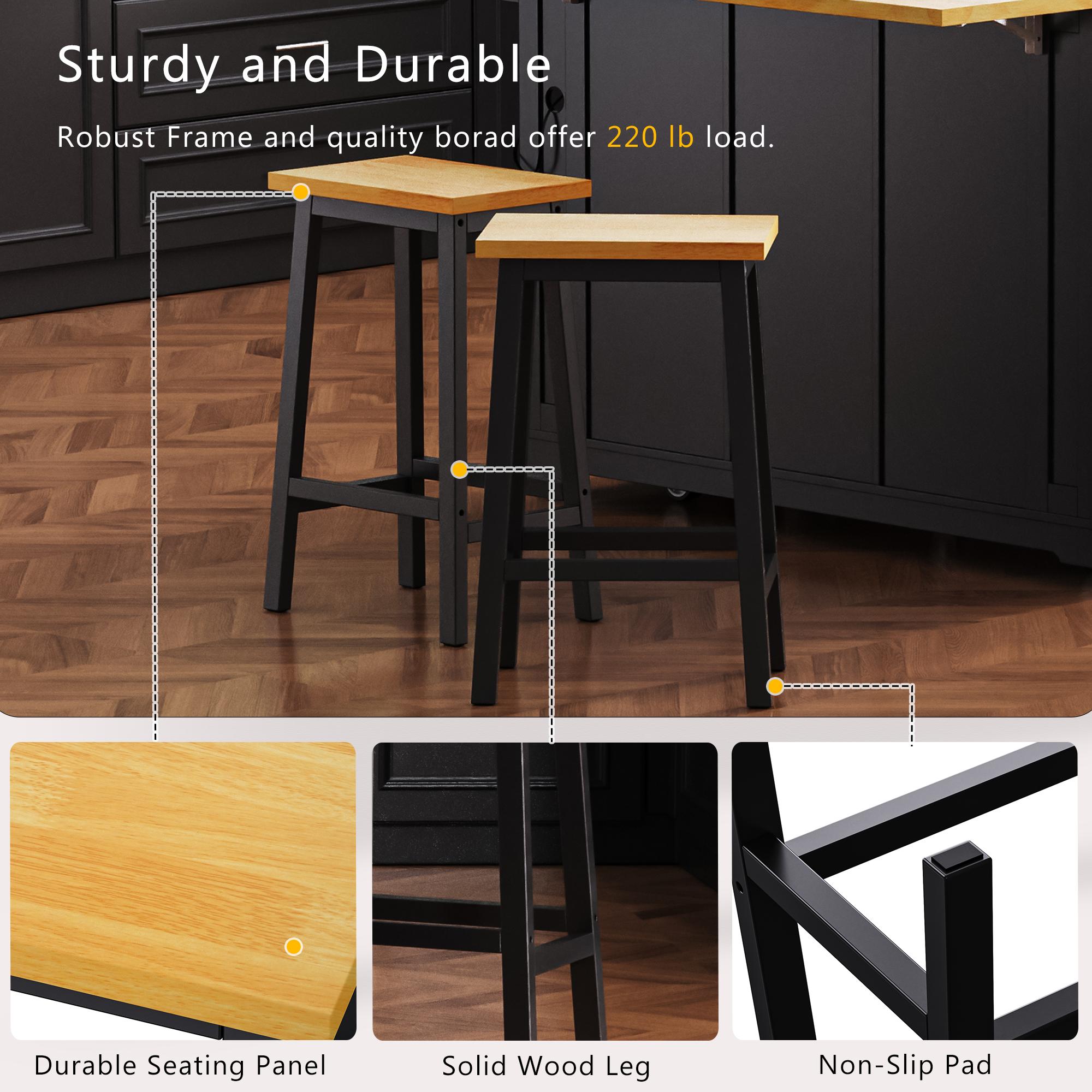 Set of 2 Solid Wood Bar Stools with Anti-Scratch Pads, Farmhouse Design, Kitchen Counter Stools with Footrests, 16" L x 11" W x 25.5" H, Black