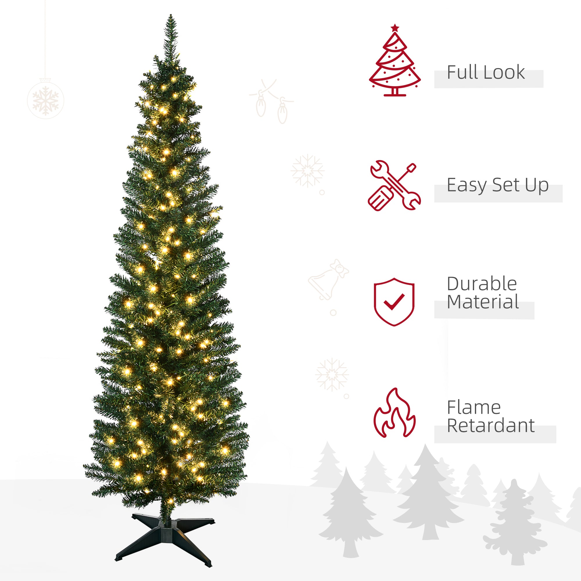 6' Tall Pre-Lit Slim Noble Fir Artificial Pencil Christmas Tree with 200 Warm White LED Lights and 390 Tips, for Christmas Decoration, Green